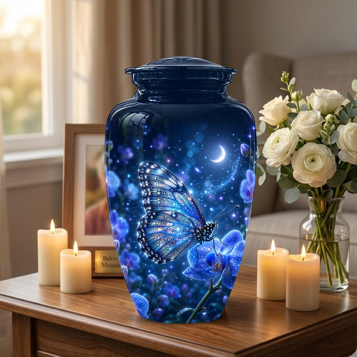Blue Butterfly On Flower -Starry Night Burial Urns For Human Ashes