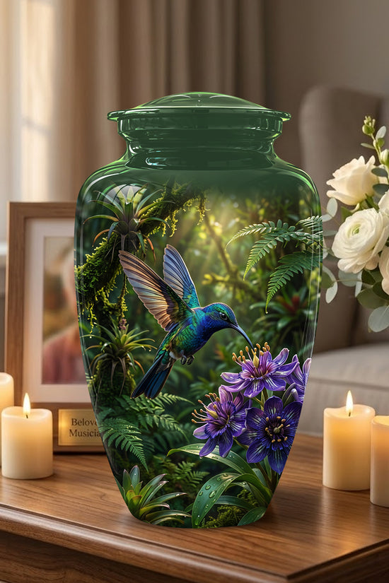 Flying Hummingbird Themed Urn - Beautiful Purple Flower Cremation Urns