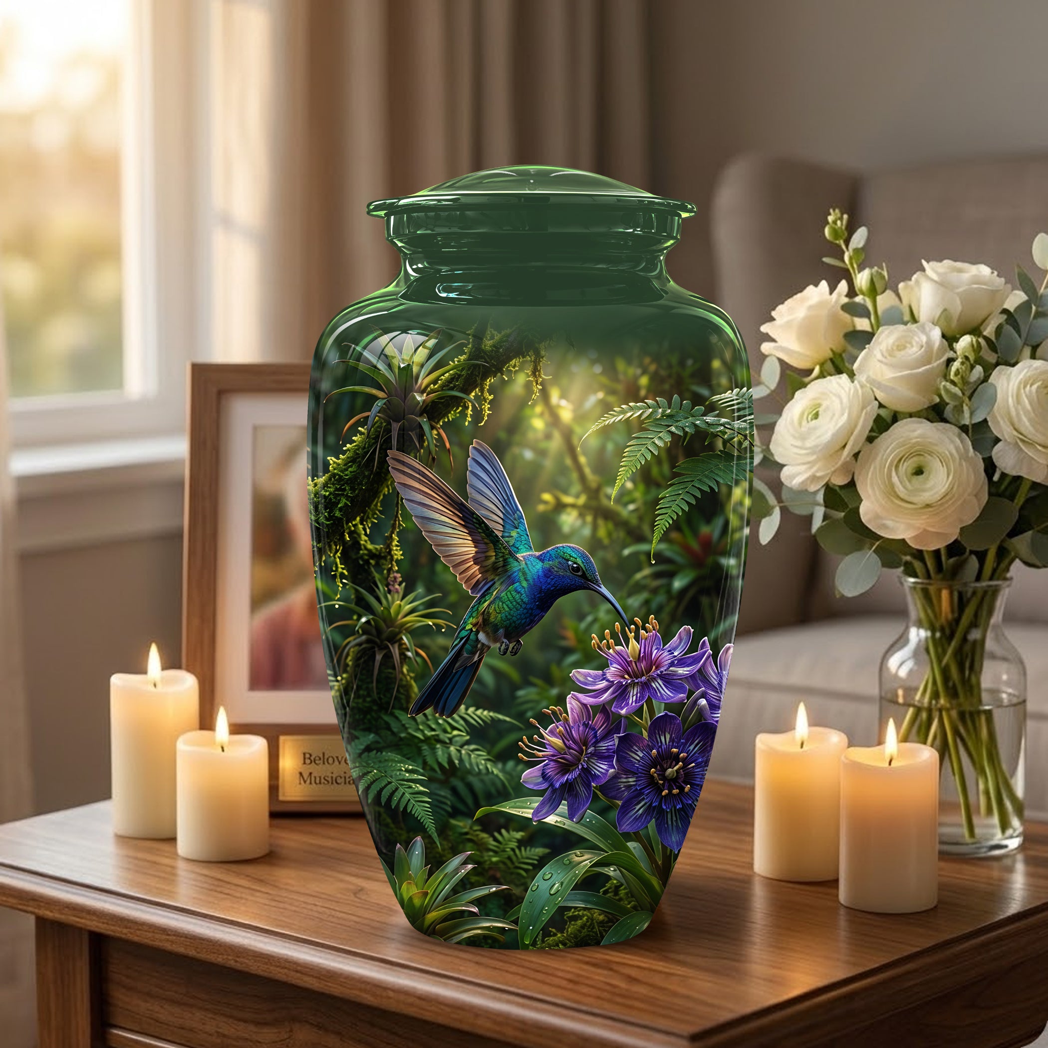 Flying Hummingbird Themed Urn - Beautiful Purple Flower Cremation Urns