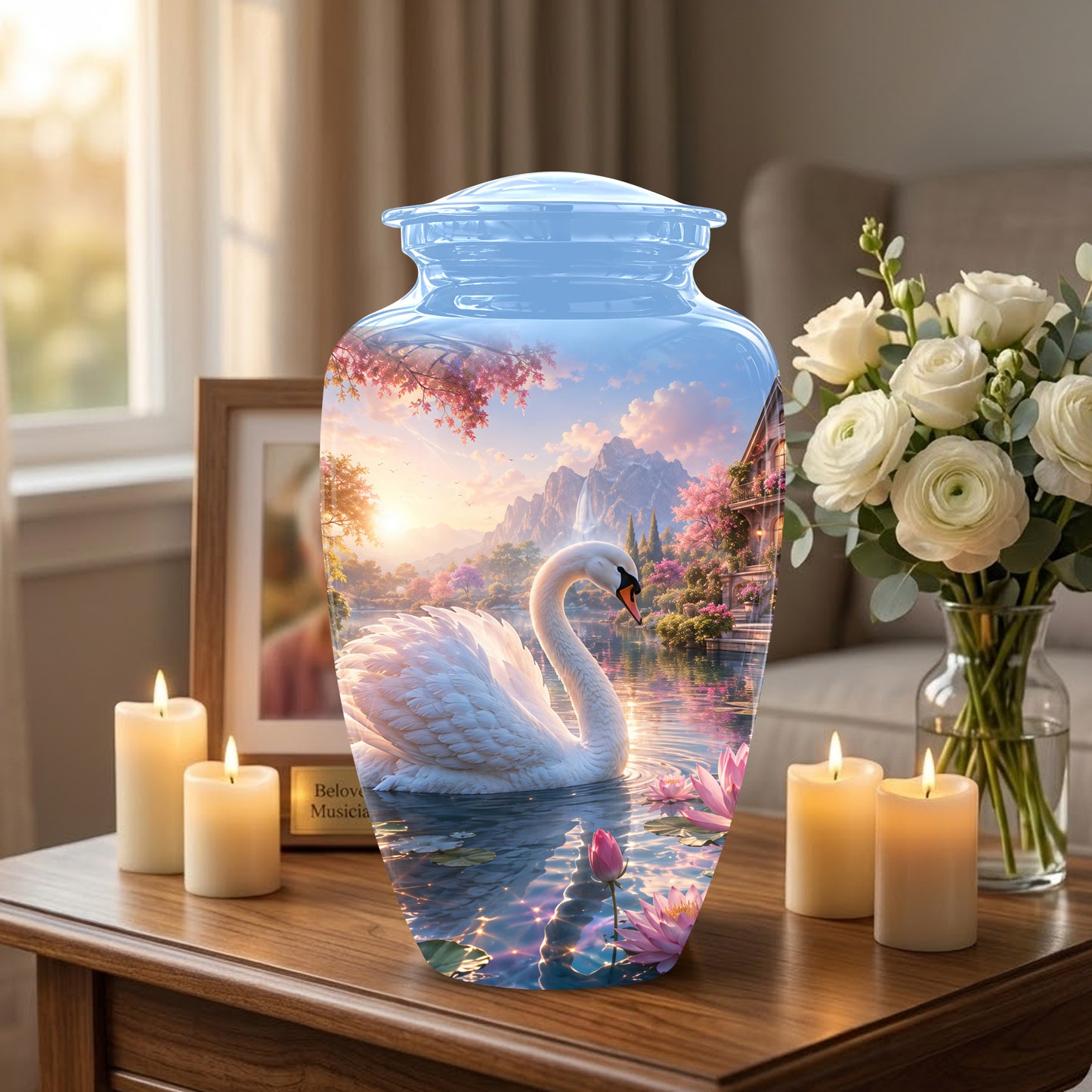White Swan Themed Urn - Beautiful Custom Memorial Urns For Men & Women