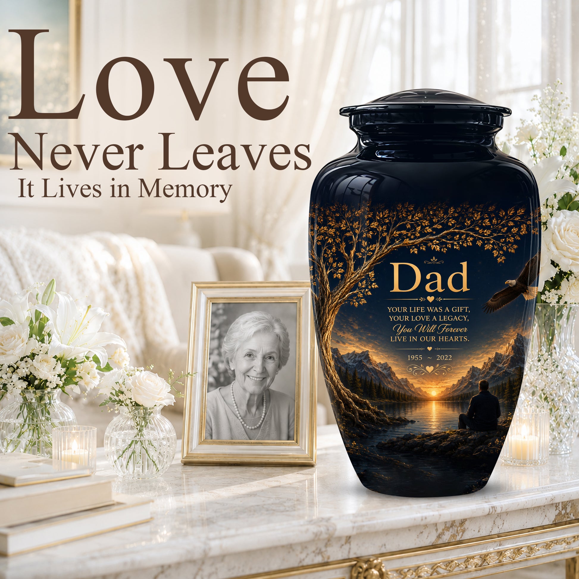 Mountain Memorial Urn for Dad – Black Funeral Urn for Human Ashes