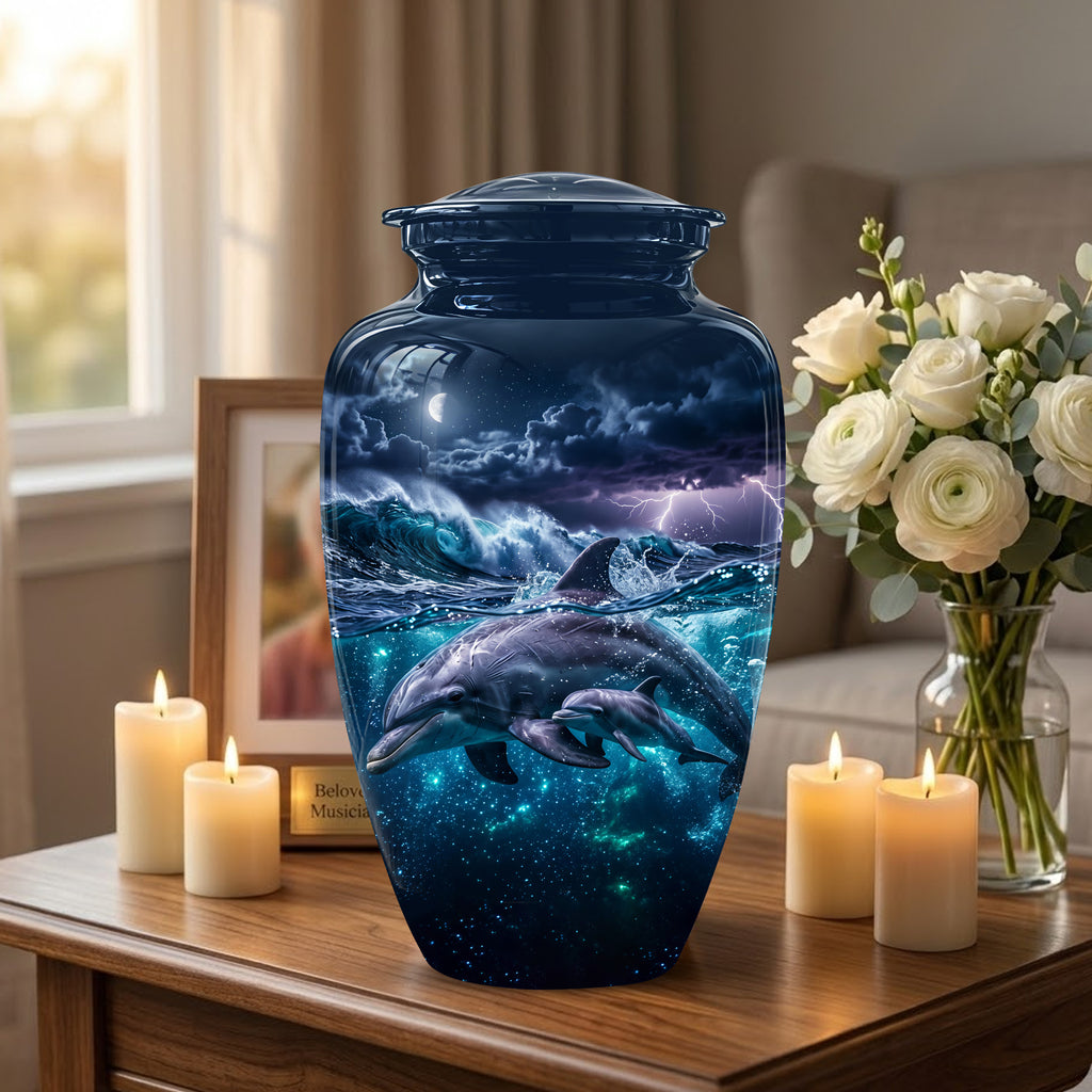 Dolphin Cremation Urn for Ashes –  Beautiful Ocean Storm Memorial Art