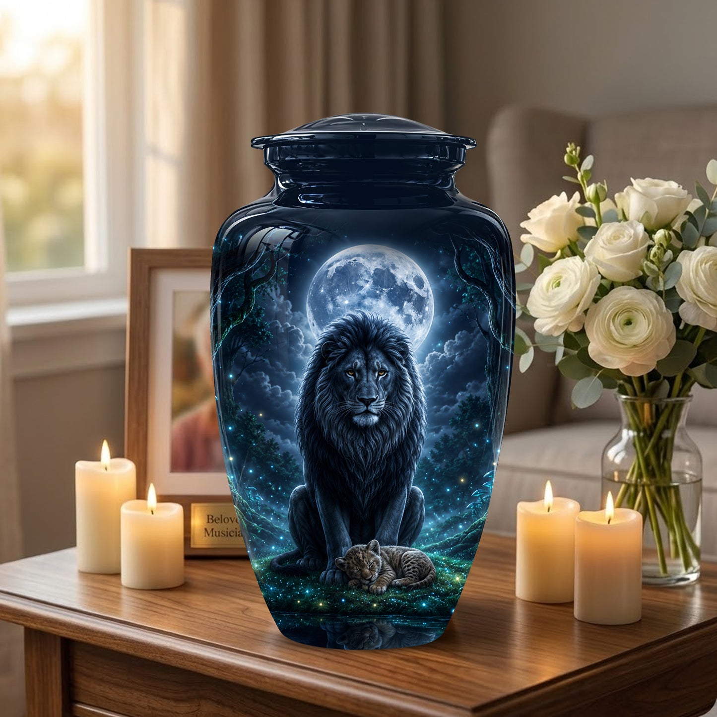 Lion And Moon Memorial Urn - Lion Adult Male Funeral Urns For Ashes