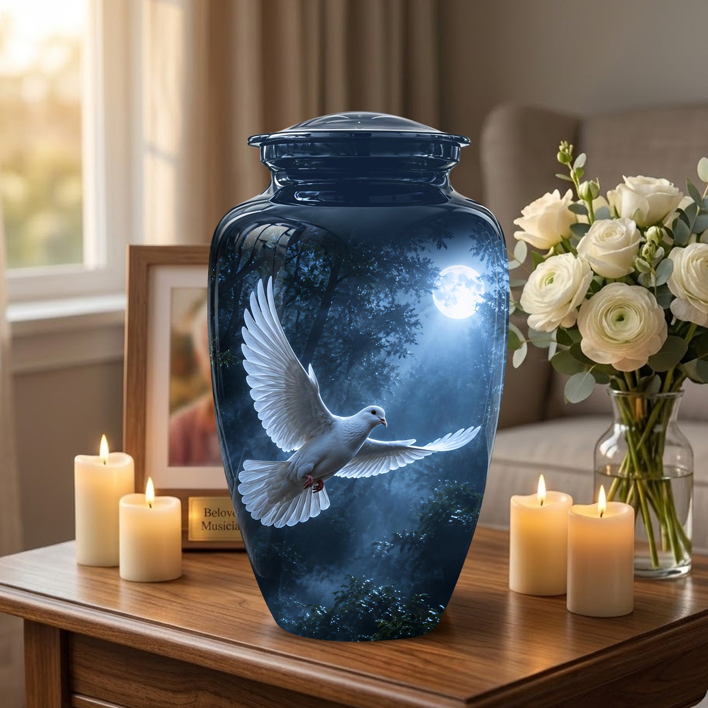 White Flying Dove Cremation Urn - Night Moon Memorial Urns For Ashes