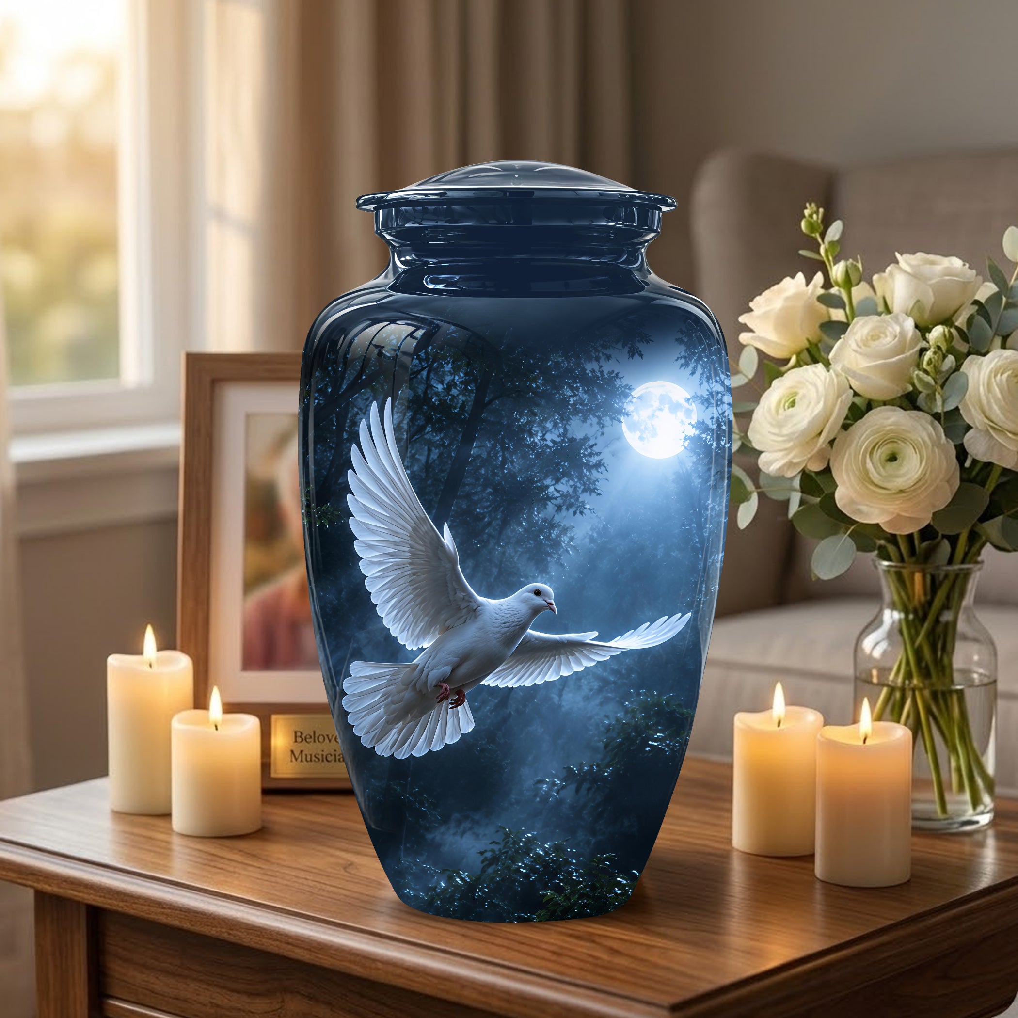 White Flying Dove Cremation Urn - Night Moon Memorial Urns For Ashes