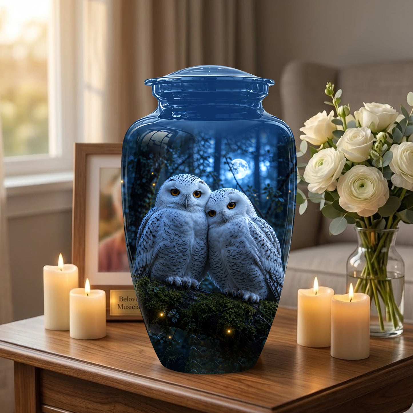 Snowy Owl Cremation Urn - Majestic Blue Memorial Urns For Human Ashes