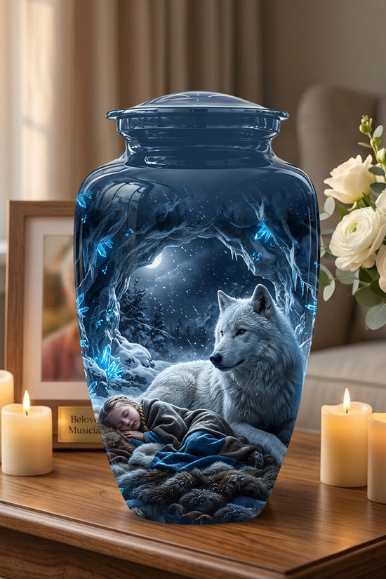 White Wolf With Girl Urn - Custom Memorial Urns For Men & Women Ashes