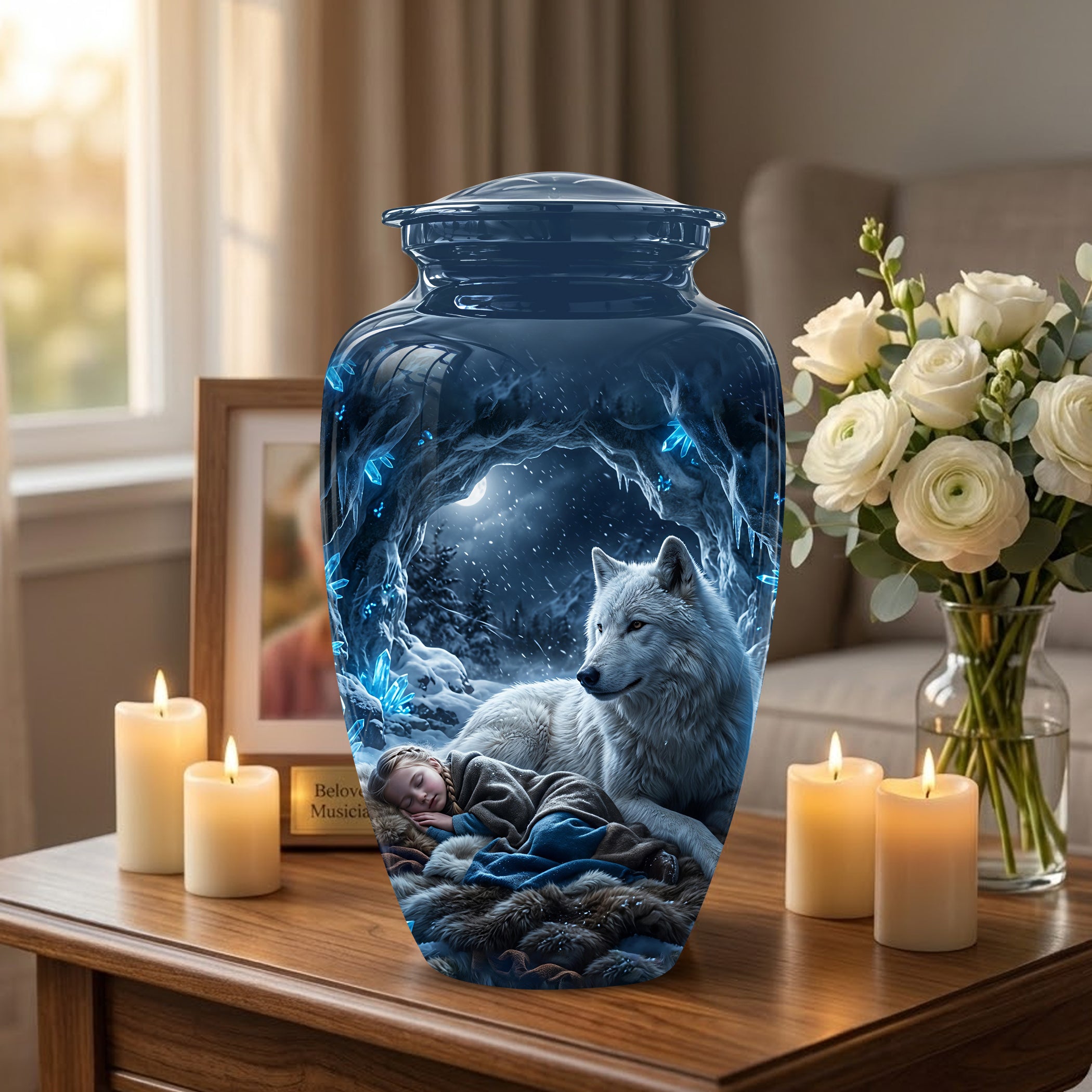 White Wolf With Girl Urn - Custom Memorial Urns For Men & Women Ashes