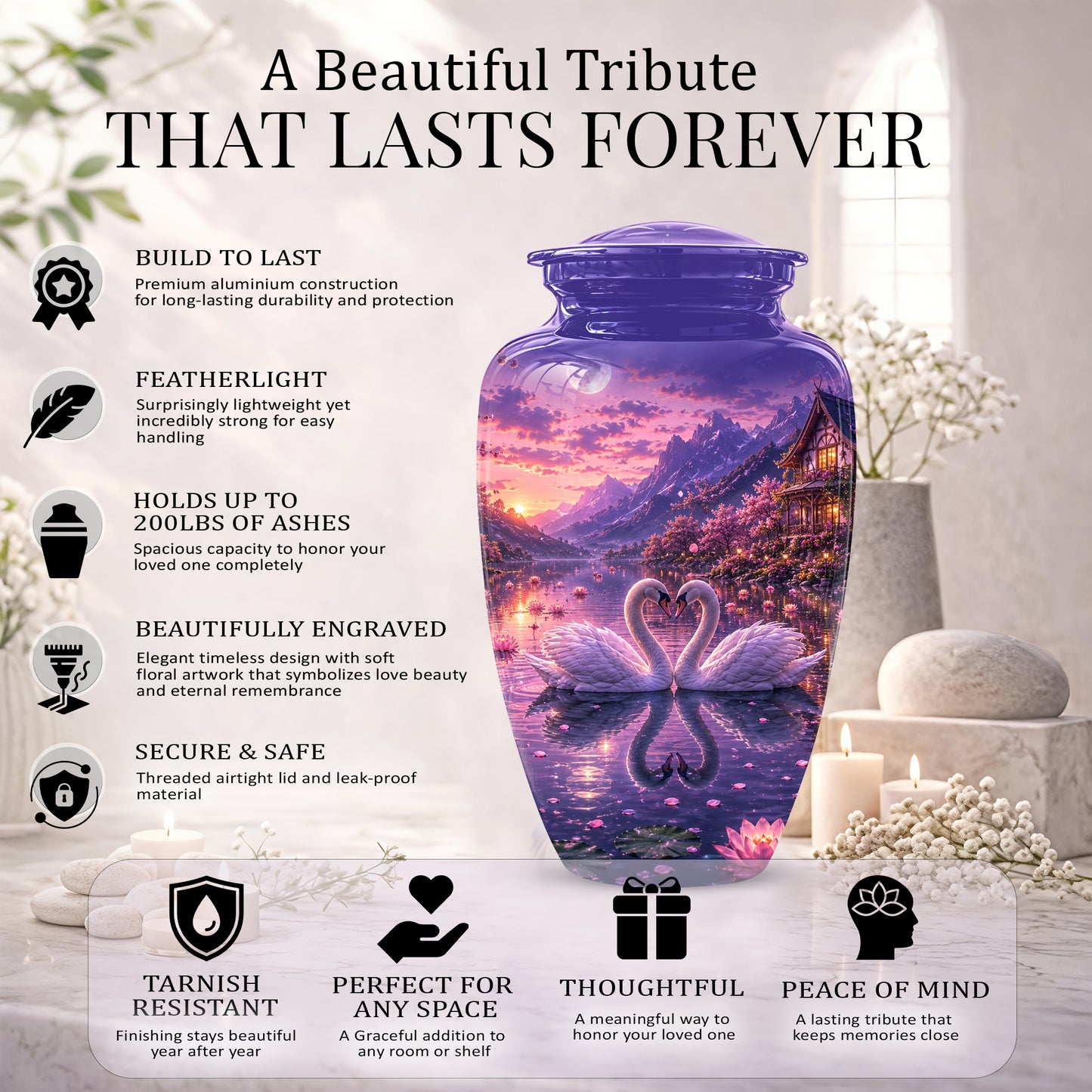 Couple Swan Cremation Urn - Purple Memorial Urns For Loved Ones Ashes