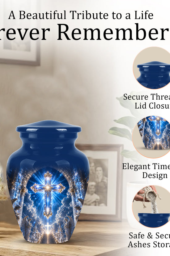 Heavenly Cross Cremation Urn – Blue Memorial Urn For Human Ashes