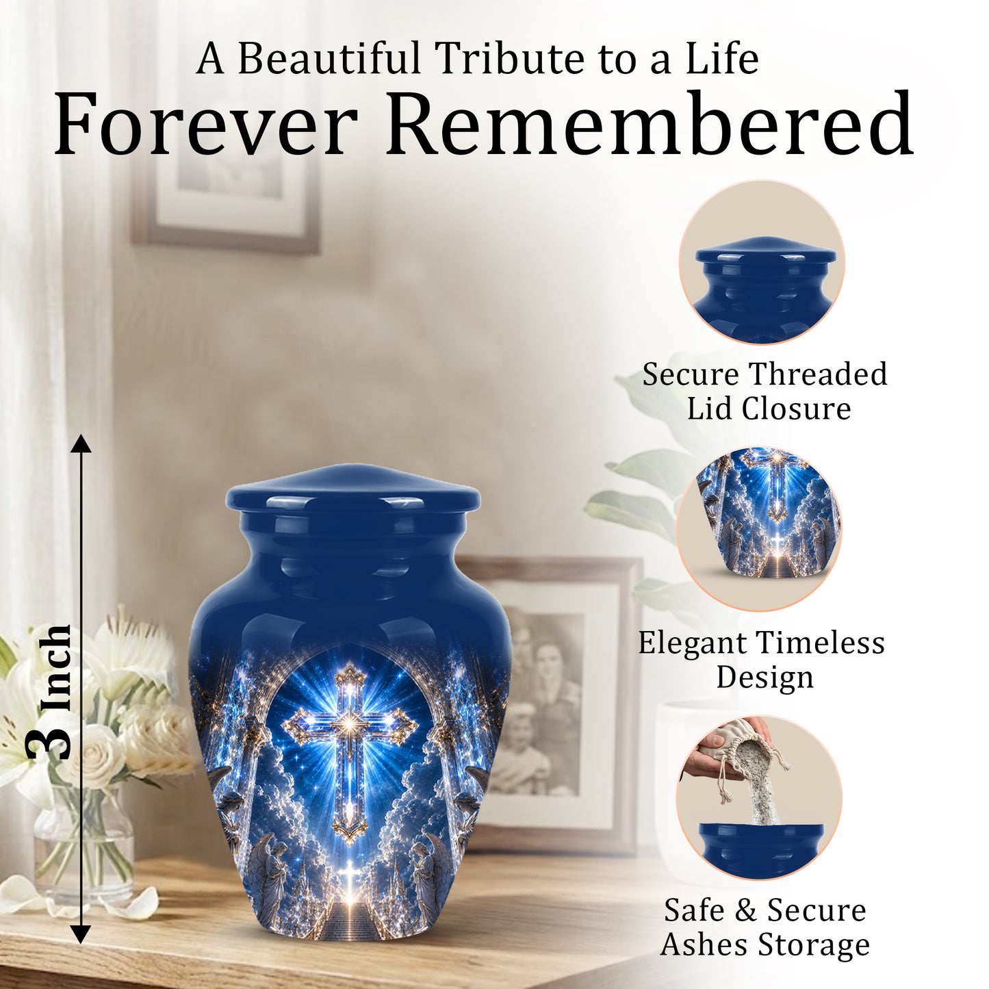 Heavenly Cross Cremation Urn – Blue Memorial Urn For Human Ashes