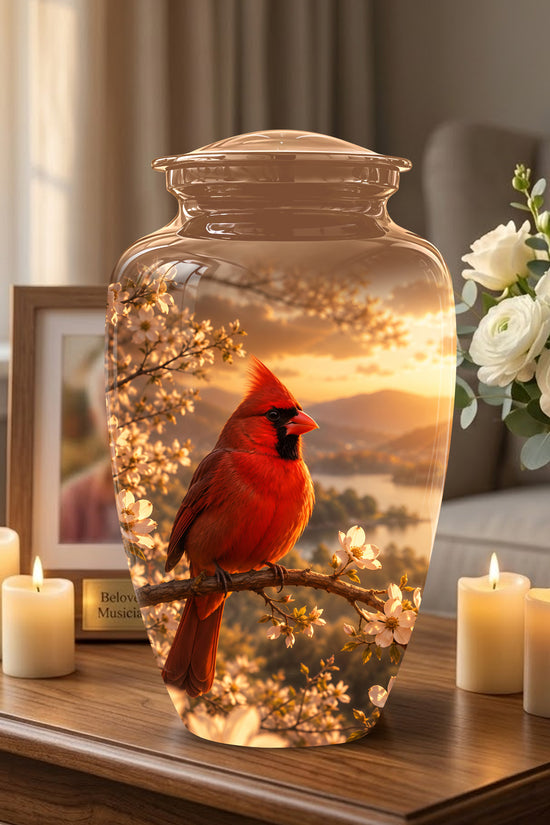 Red Cardinal Bird - Beautiful Sunset Scenic Burial Urns For  Ashes
