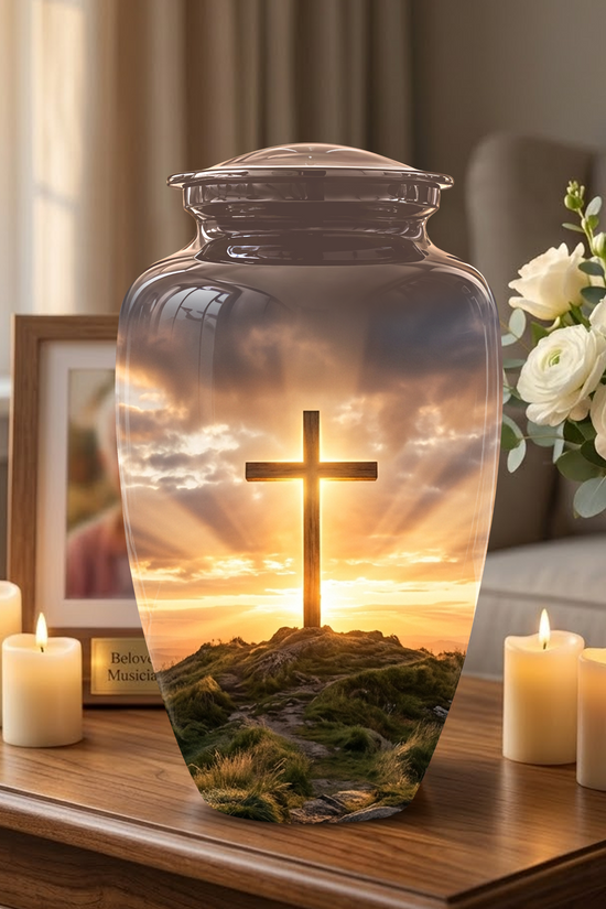 Christian Cross Cremation Urn - Sunrise Scenic Burial Urns For Human Ashes