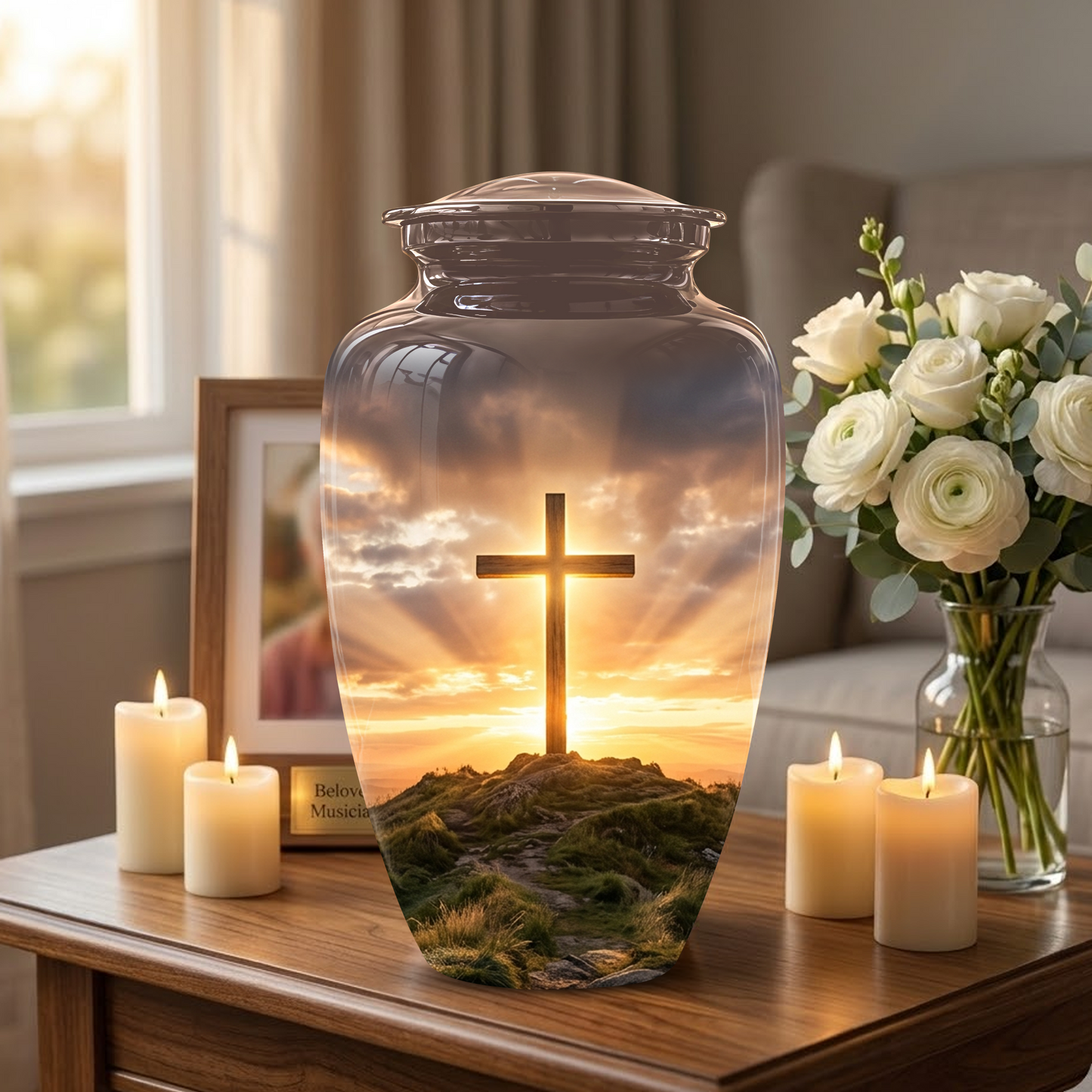 Christian Cross Cremation Urn - Sunrise Scenic Burial Urns For Human Ashes