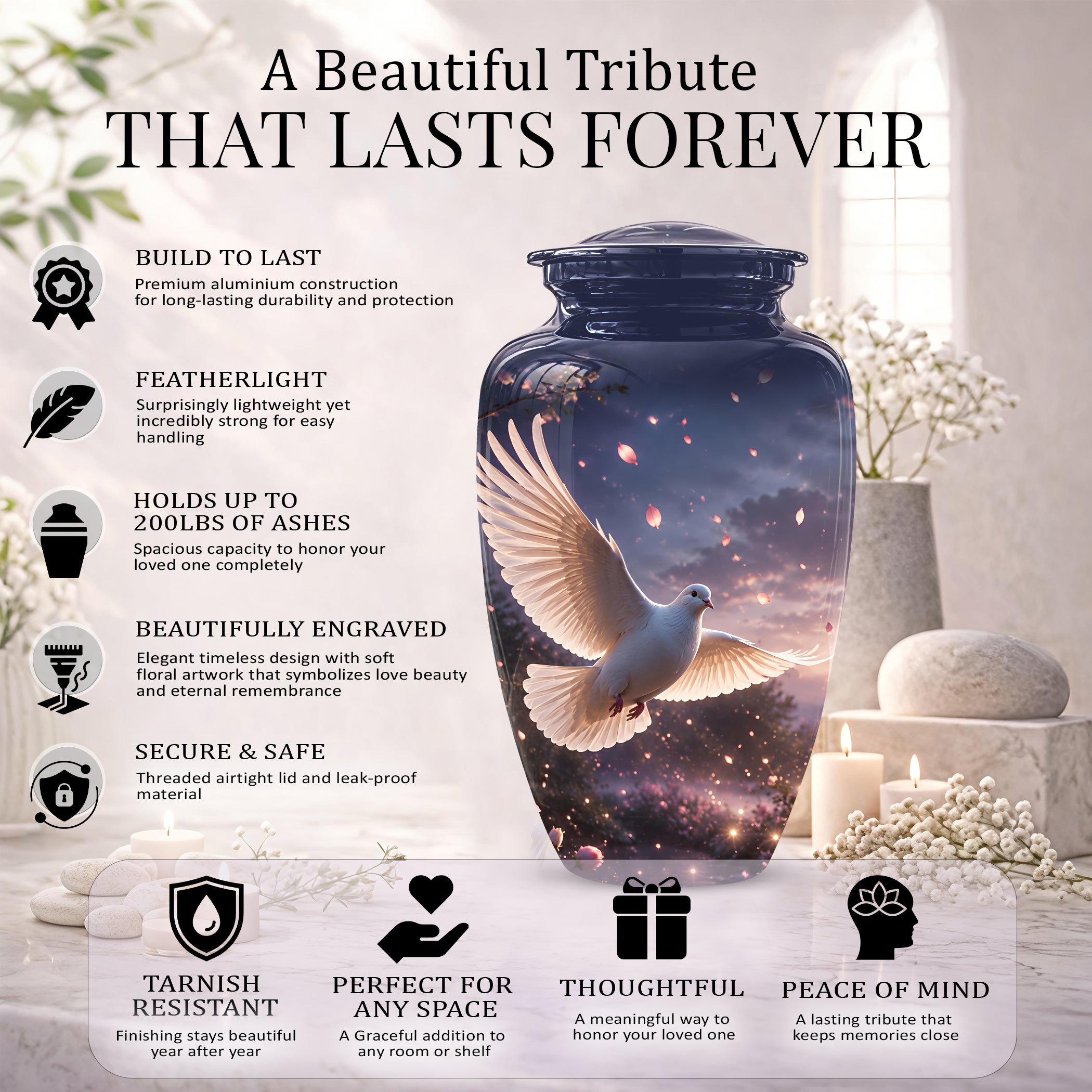 Flying White Dove Cremation Urn - Classic Memorial Urns For Adult Ashes