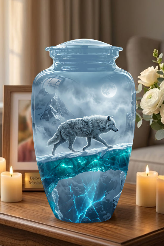 White Wolf In Snow Themed Urn - Classic Custom Urns For Human Ashes
