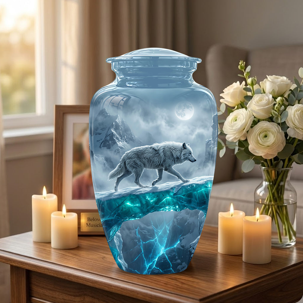 White Wolf In Snow Themed Urn - Classic Custom Urns For Human Ashes