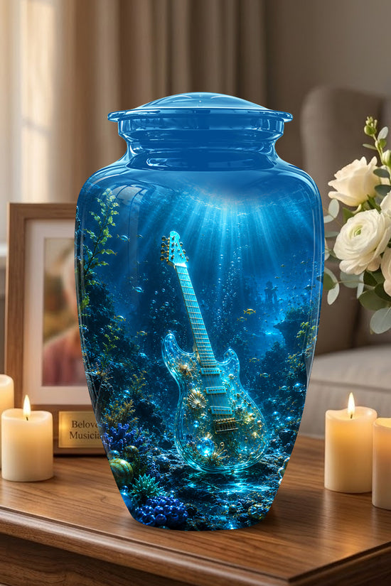 Underwater Guitar Themed Urn -Peaceful Memorial Tribute Urns For Ashes
