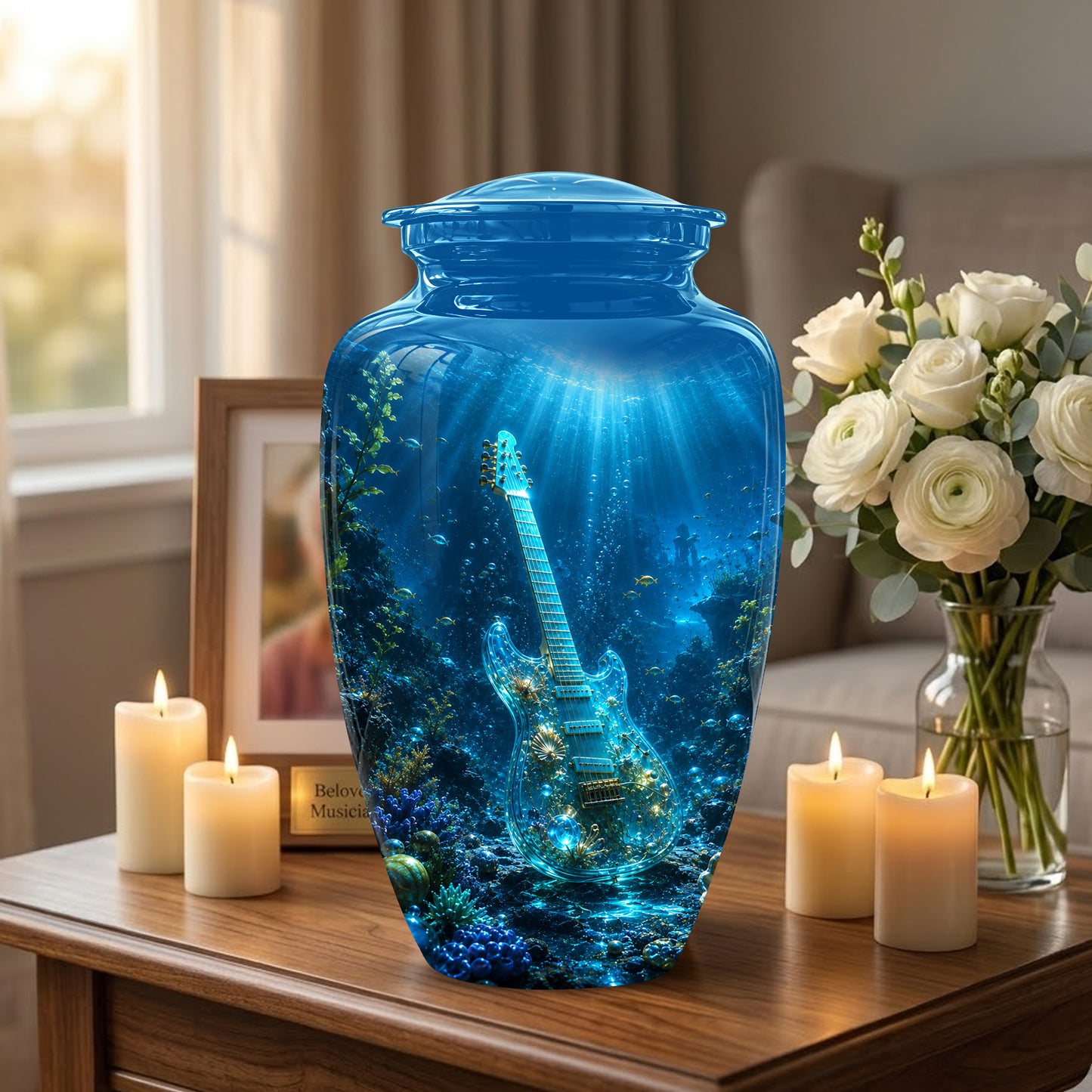 Underwater Guitar Themed Urn -Peaceful Memorial Tribute Urns For Ashes