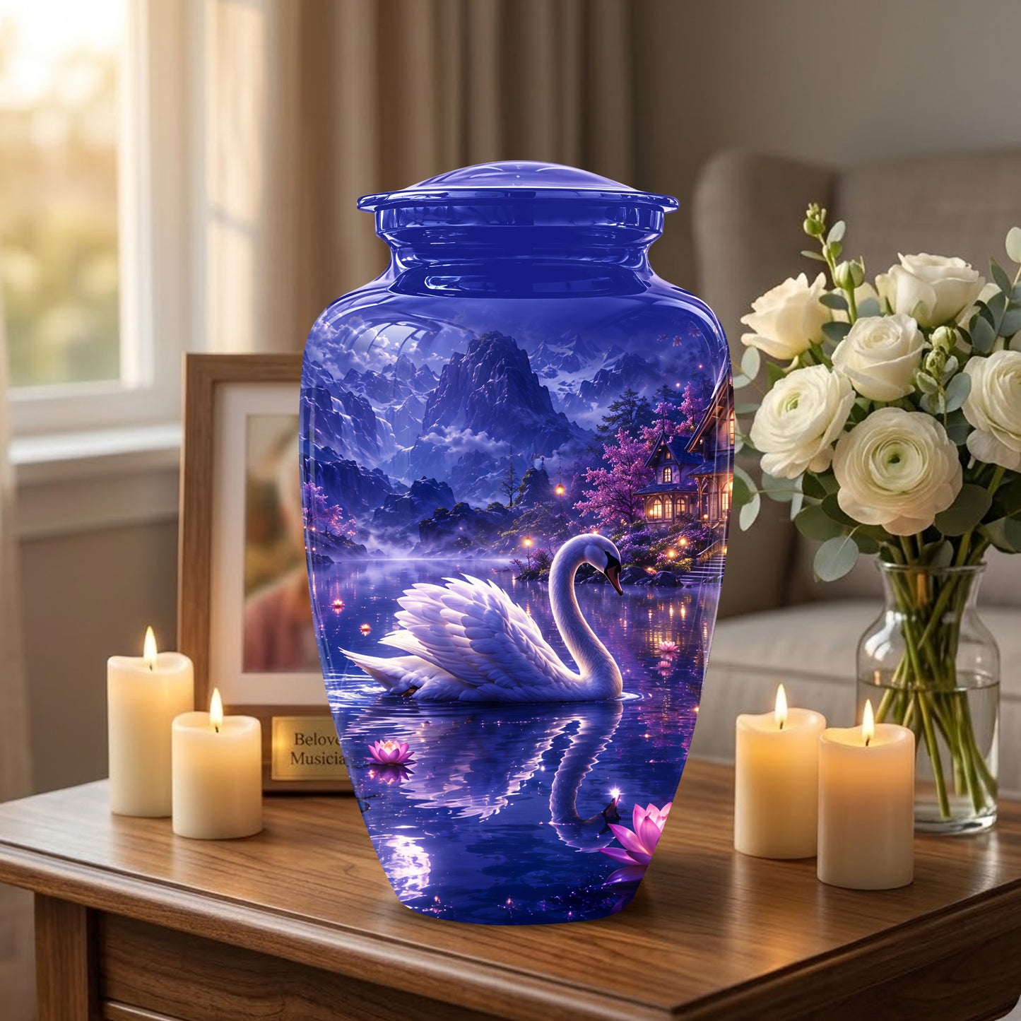 White Swan Cremation Urn - Night Landscape Funeral Urns For Human Ashes