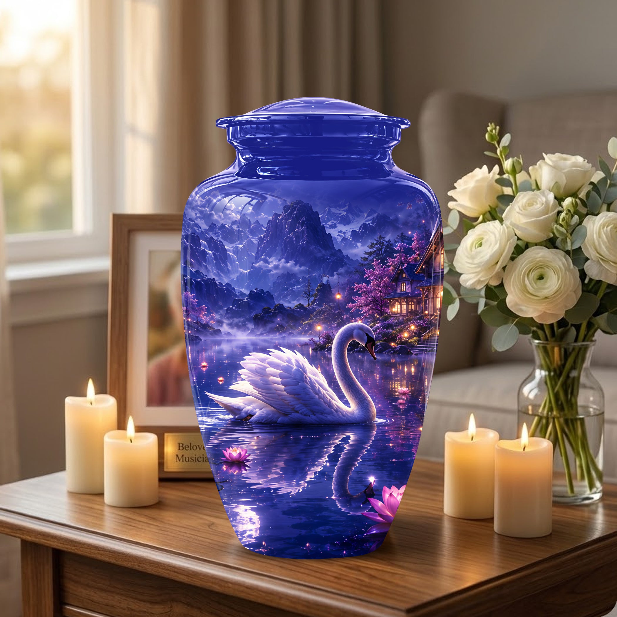 White Swan Cremation Urn - Night Landscape Funeral Urns For Human Ashes