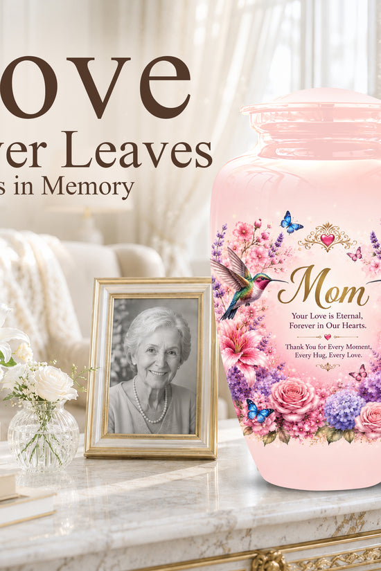 Hummingbird Floral Memorial Urn for Mother – Pink Aluminium Cremation Urn for Loved ones