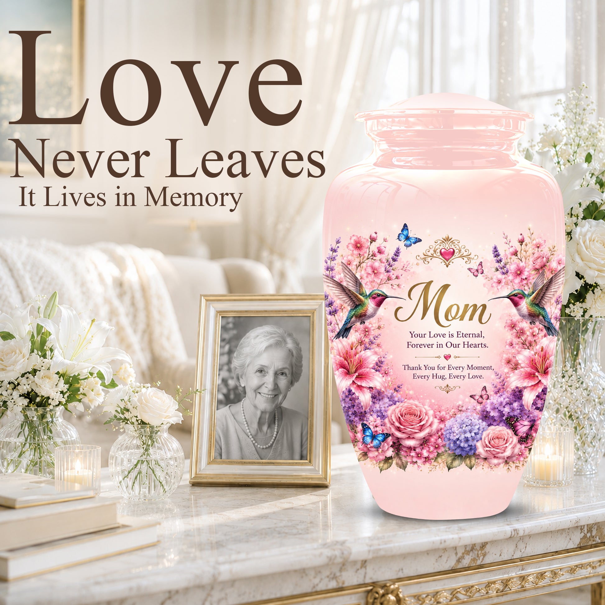 Hummingbird Floral Memorial Urn for Mother – Pink Aluminium Cremation Urn for Loved ones