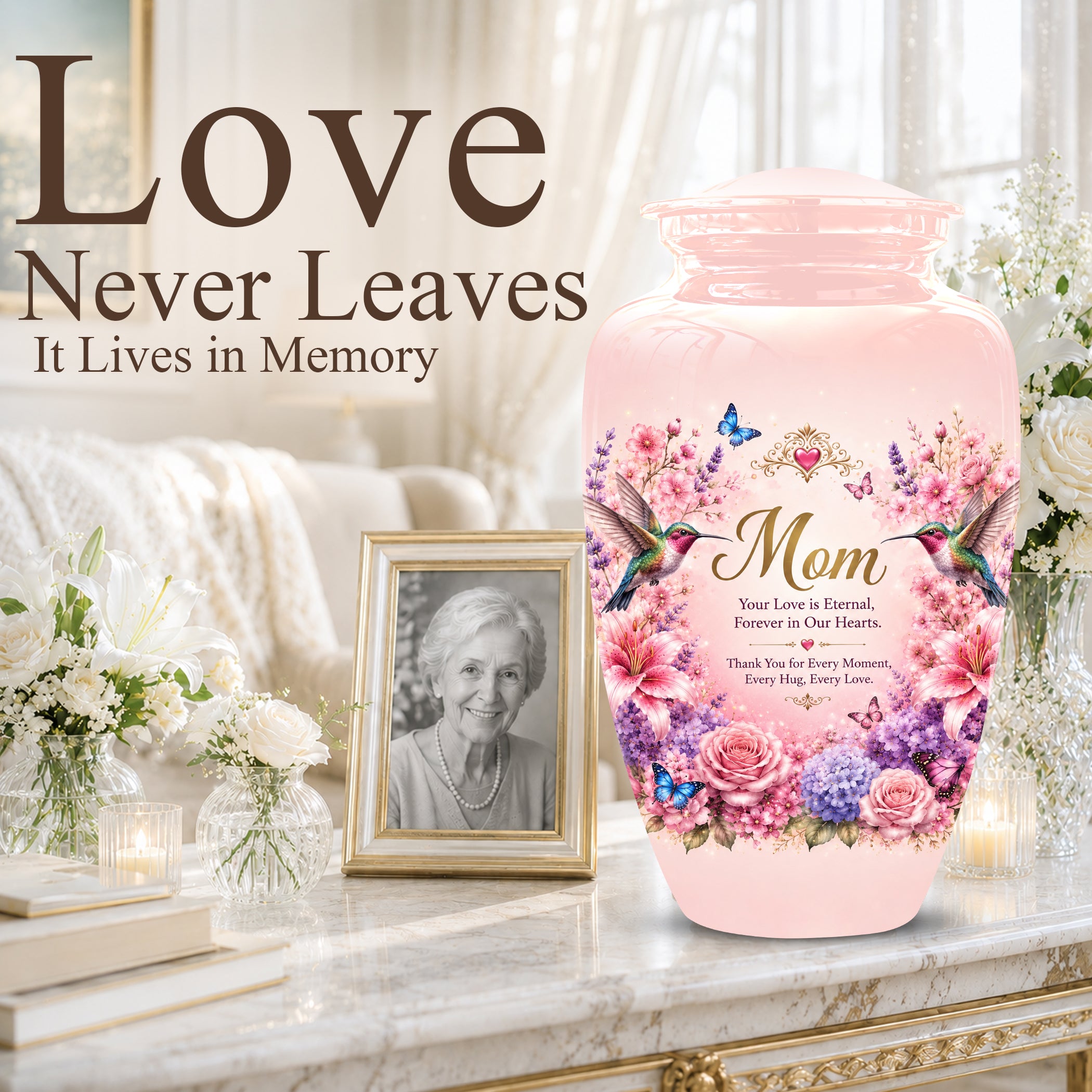 Hummingbird Floral Memorial Urn for Mother – Pink Aluminium Cremation Urn for Loved ones