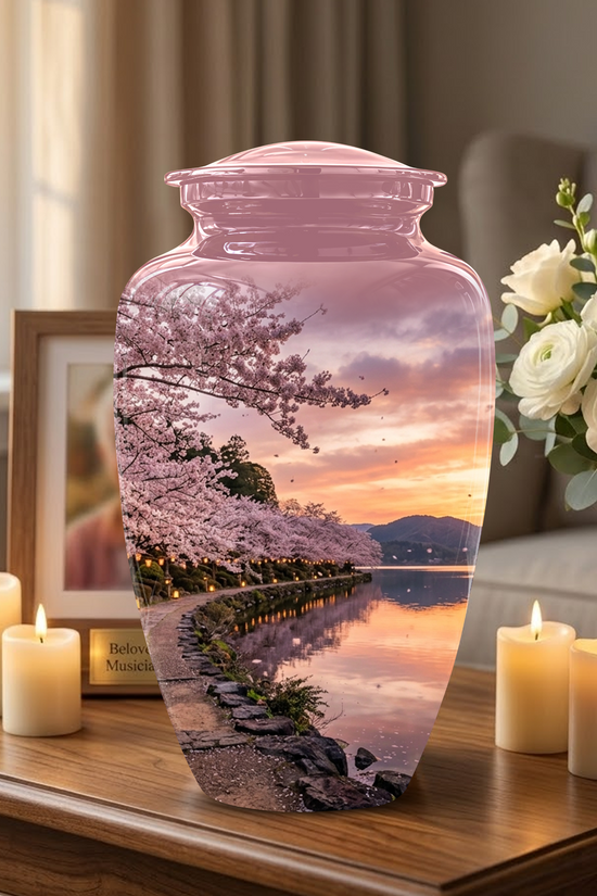 Pink Spring Tree Cremation Urns - Beautiful Nature Sunset Burial Urns