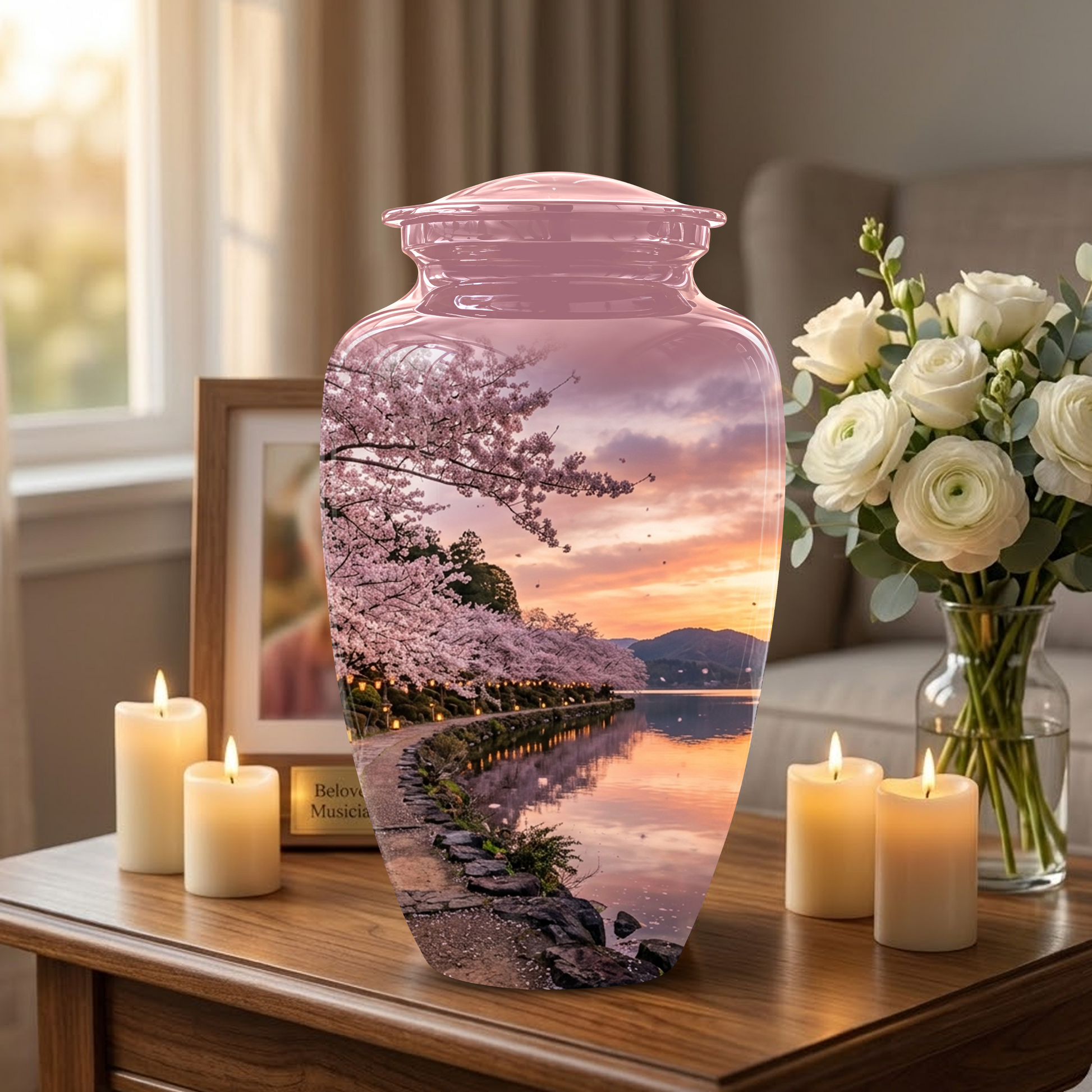 Pink Spring Tree Cremation Urns - Beautiful Nature Sunset Burial Urns