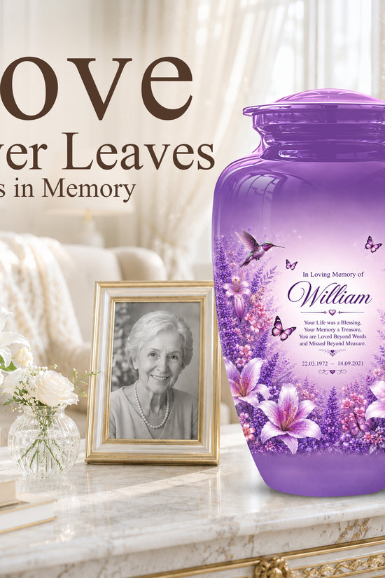 Lavender Hummingbird Urn – Purple Floral Urn for Human Ashes