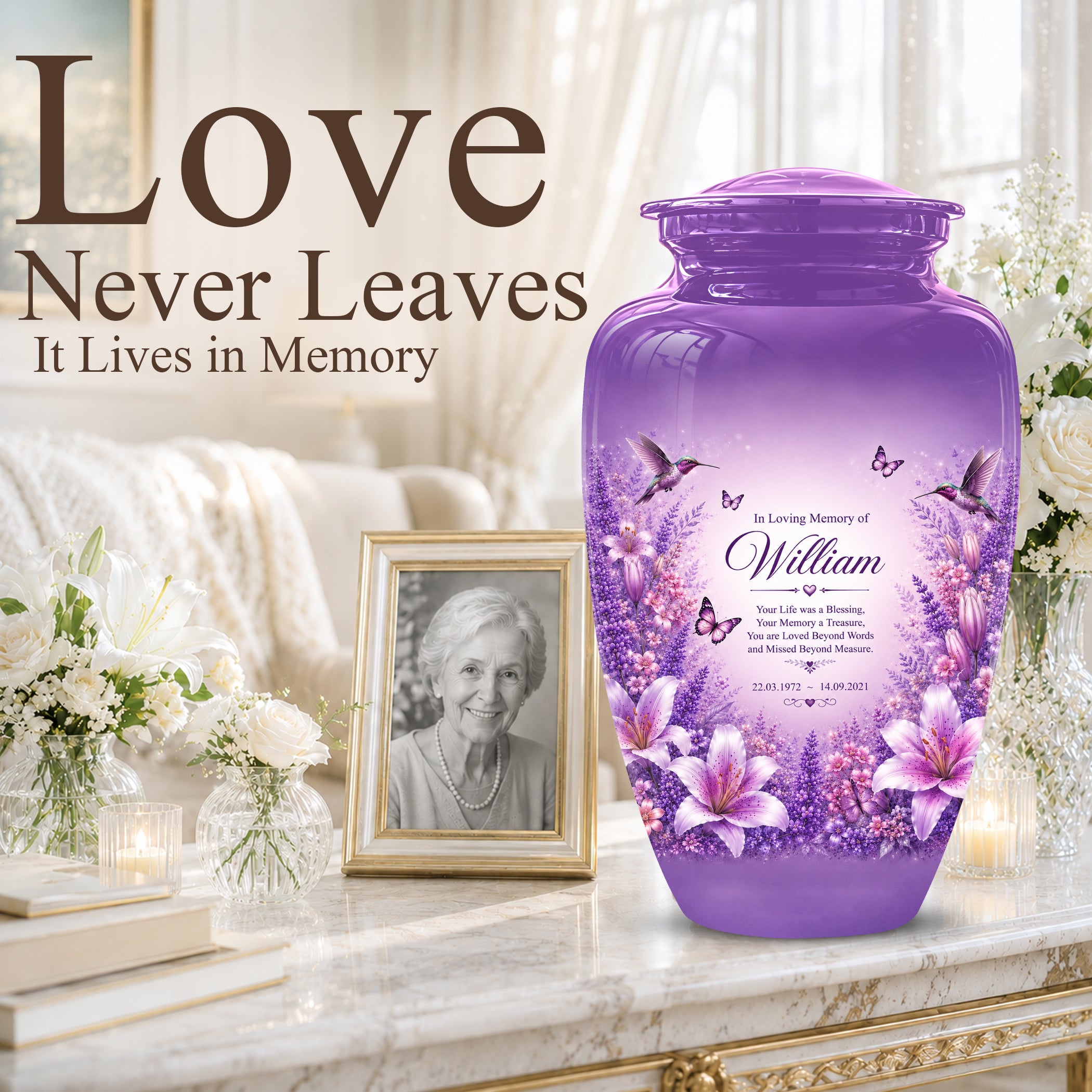 Lavender Hummingbird Urn – Purple Floral Urn for Human Ashes