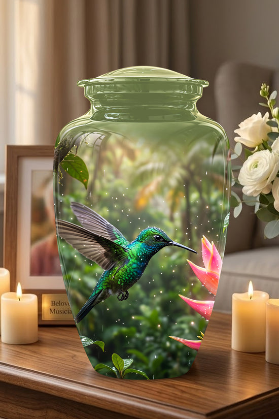 Celestial Flying Green Hummingbird Urn - Majestic Handcrafted Burial Urn