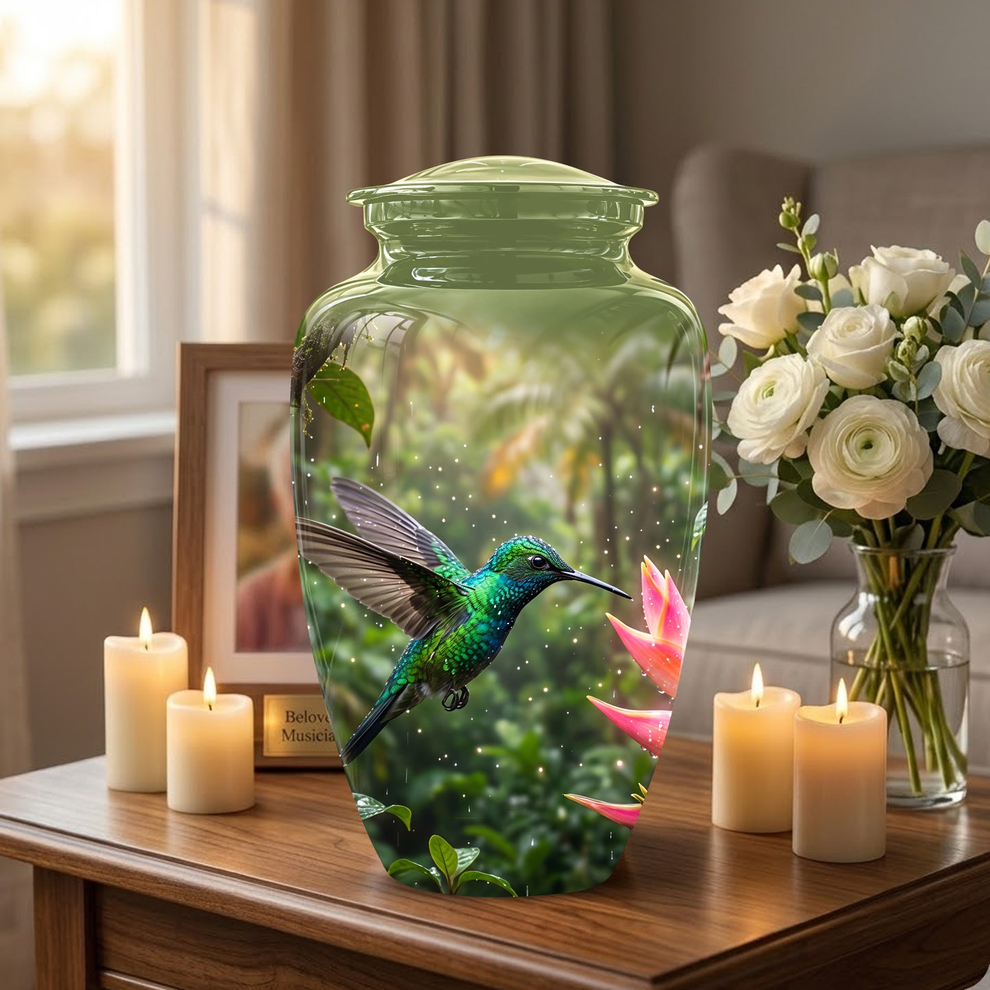 Celestial Flying Green Hummingbird Urn - Majestic Handcrafted Burial Urn