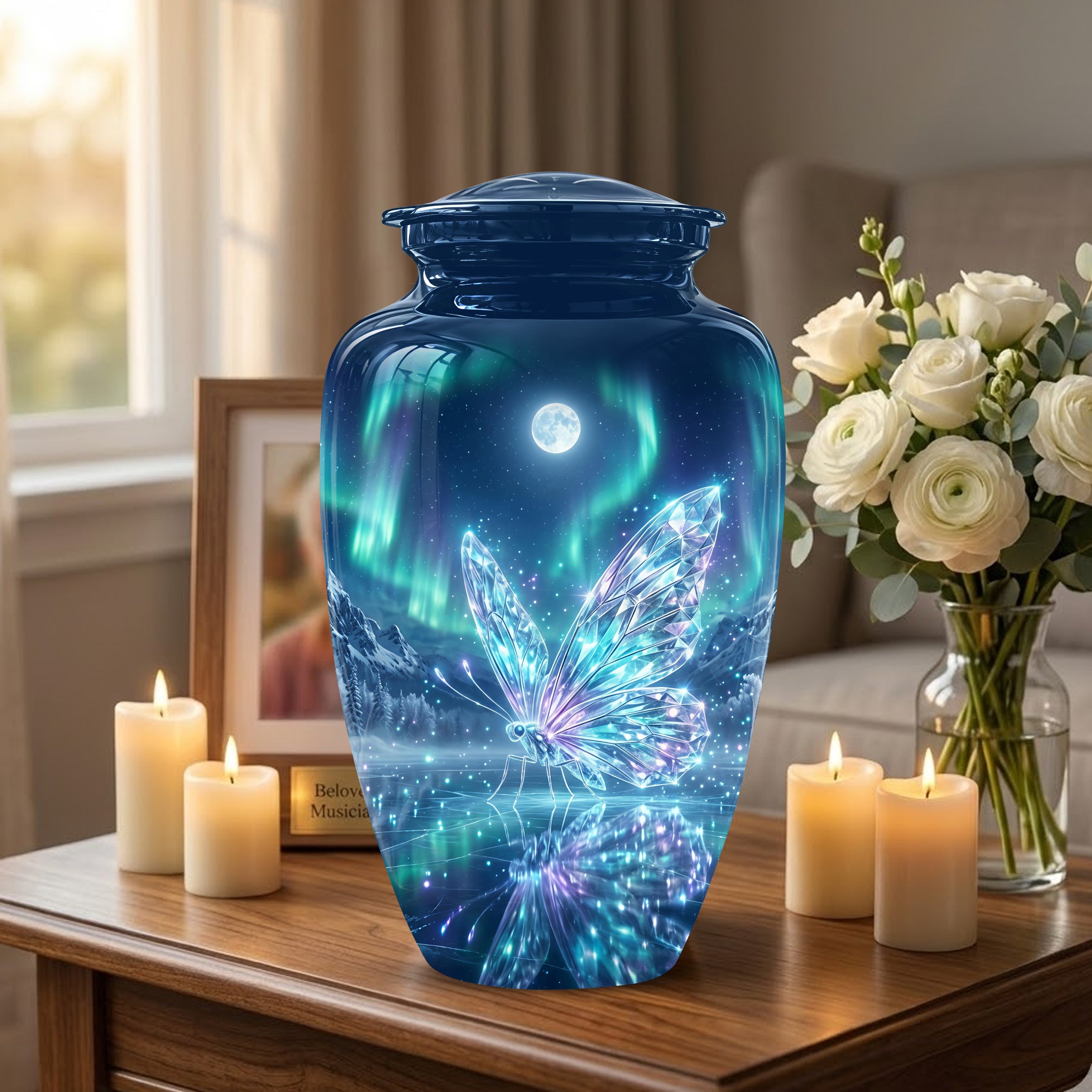 Glowing Butterfly Cremation Urn - Beautiful Blue Memorial Urns For Mom