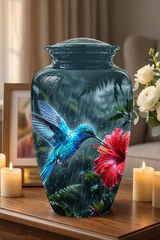 Blue Hummingbird With Red Flower - Personalized Memorial Urns For Ashes