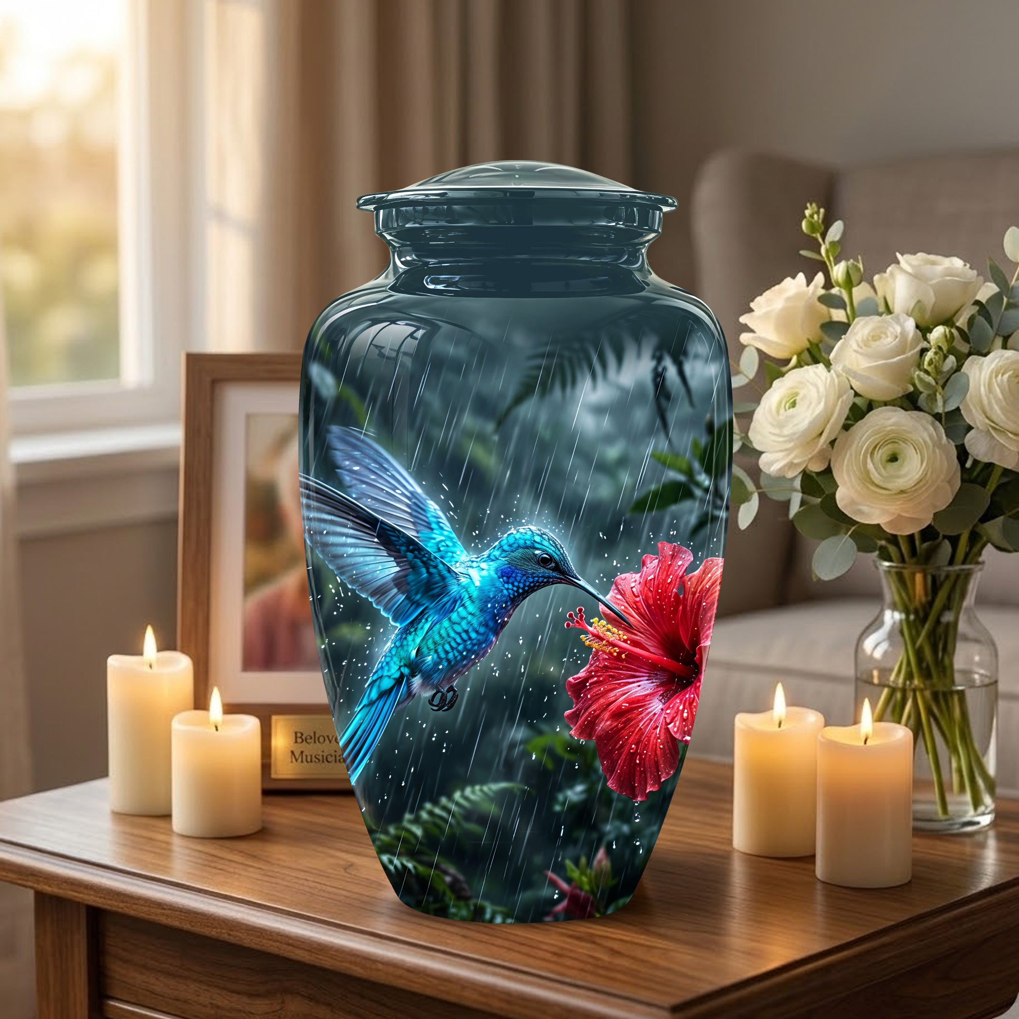 Blue Hummingbird With Red Flower - Personalized Memorial Urns For Ashes