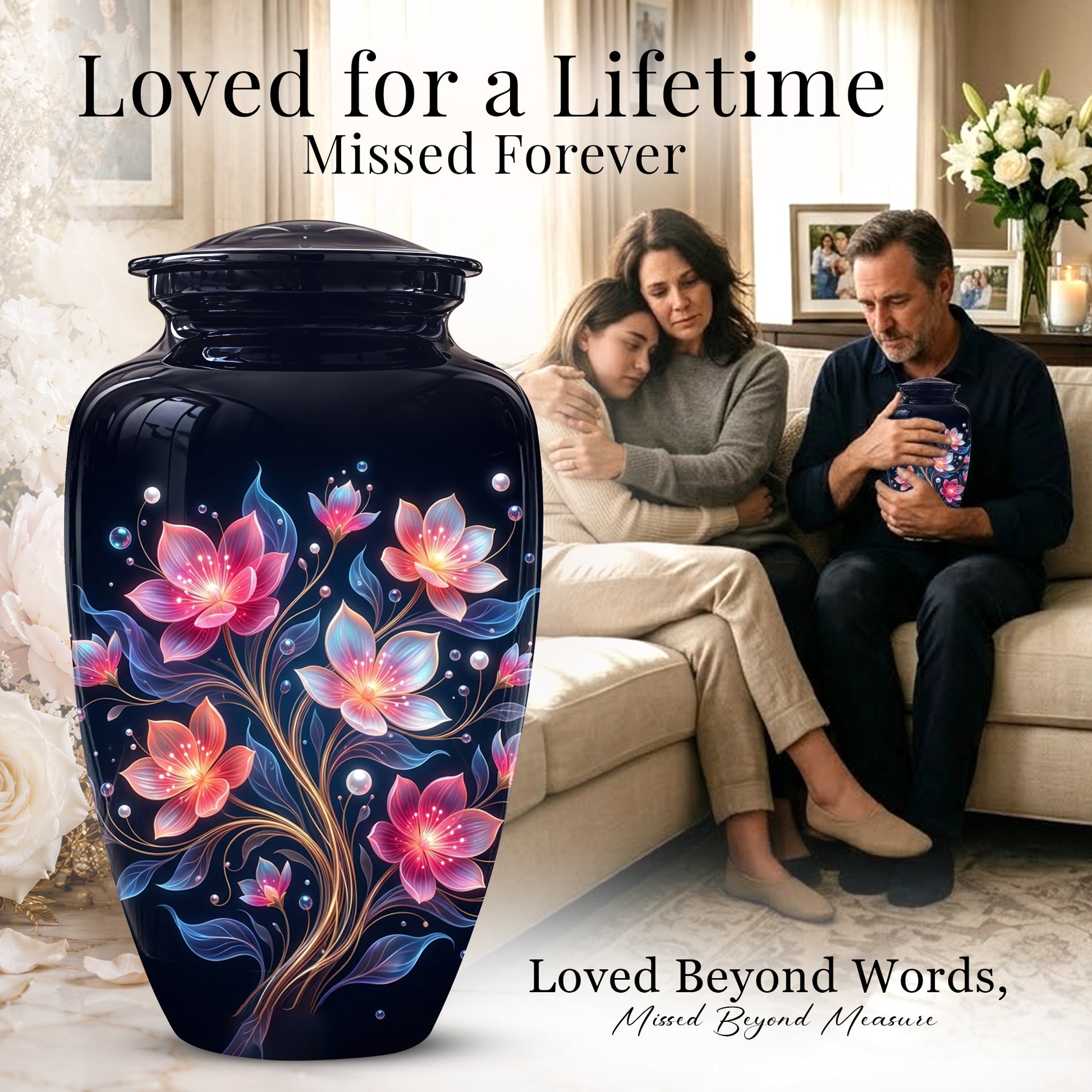 Hand-Painted Lotus Flower Cremation Urn - Decorative Urns On Sale