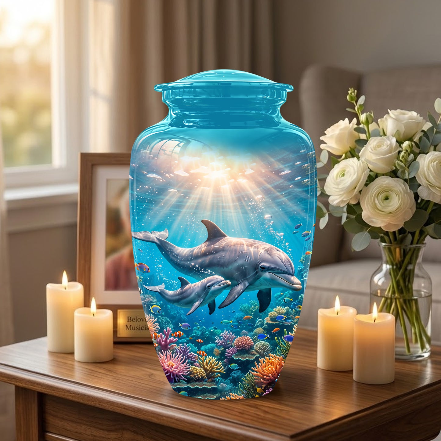 Baby Dolphin With Mother - Beautiful Artistic Urn To Tribute Mom Ashes