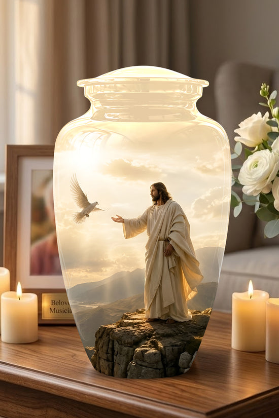Jesus With Dove Themed Urn - Peaceful Eternal Rest Urn For Human Ashes