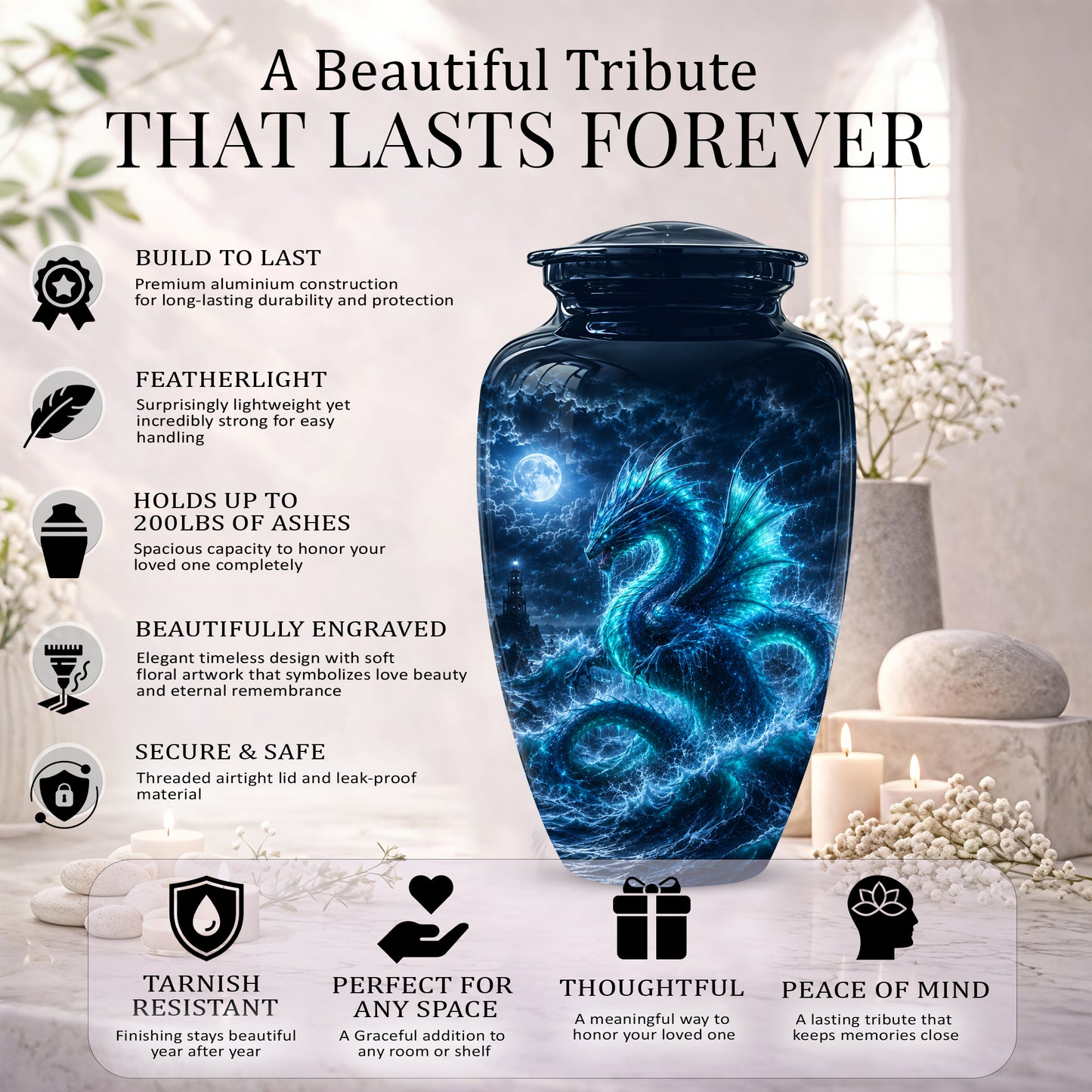 Mystical Blue Dragon Cremation Urn - Custom Handmade Burial Urns