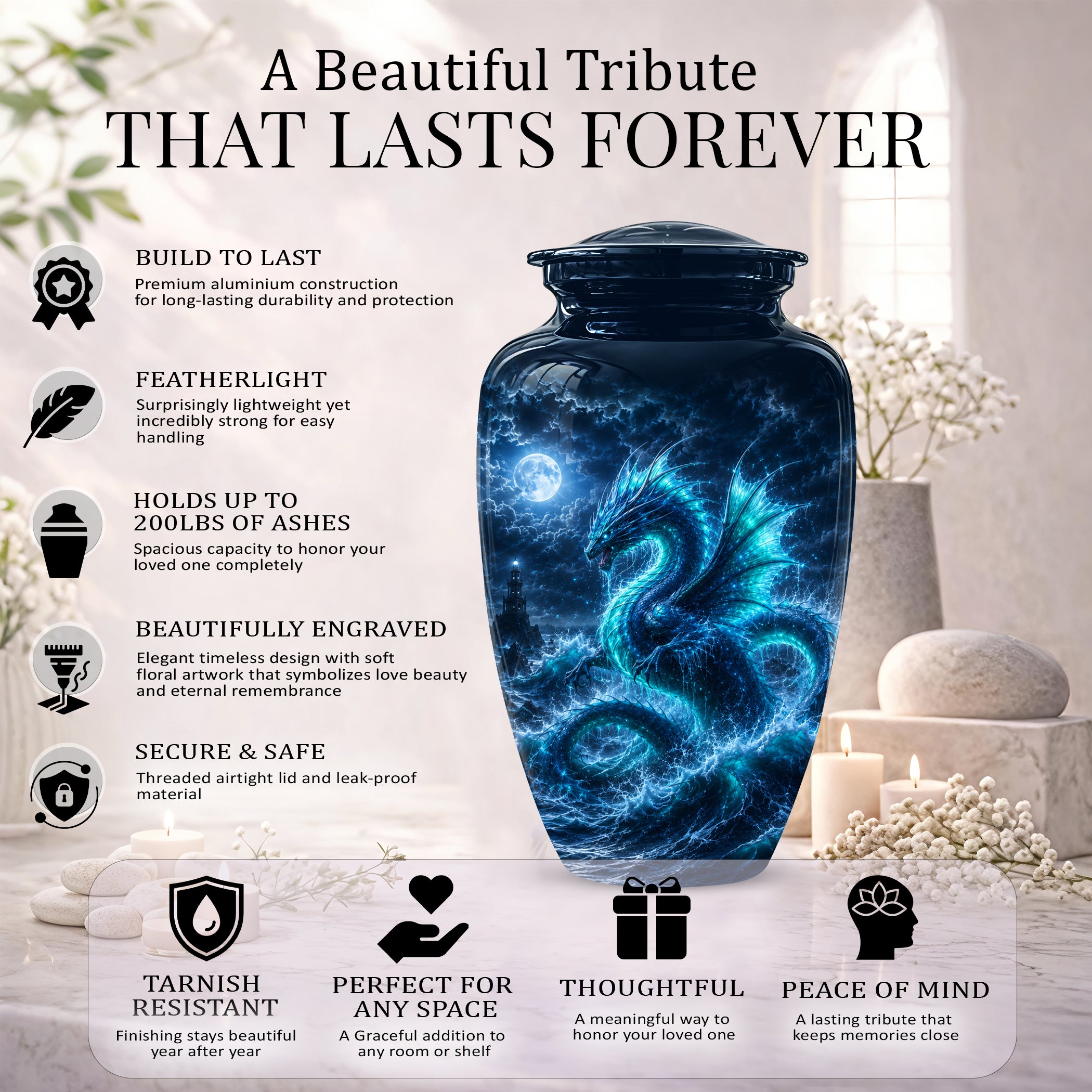 Mystical Blue Dragon Cremation Urn - Custom Handmade Burial Urns