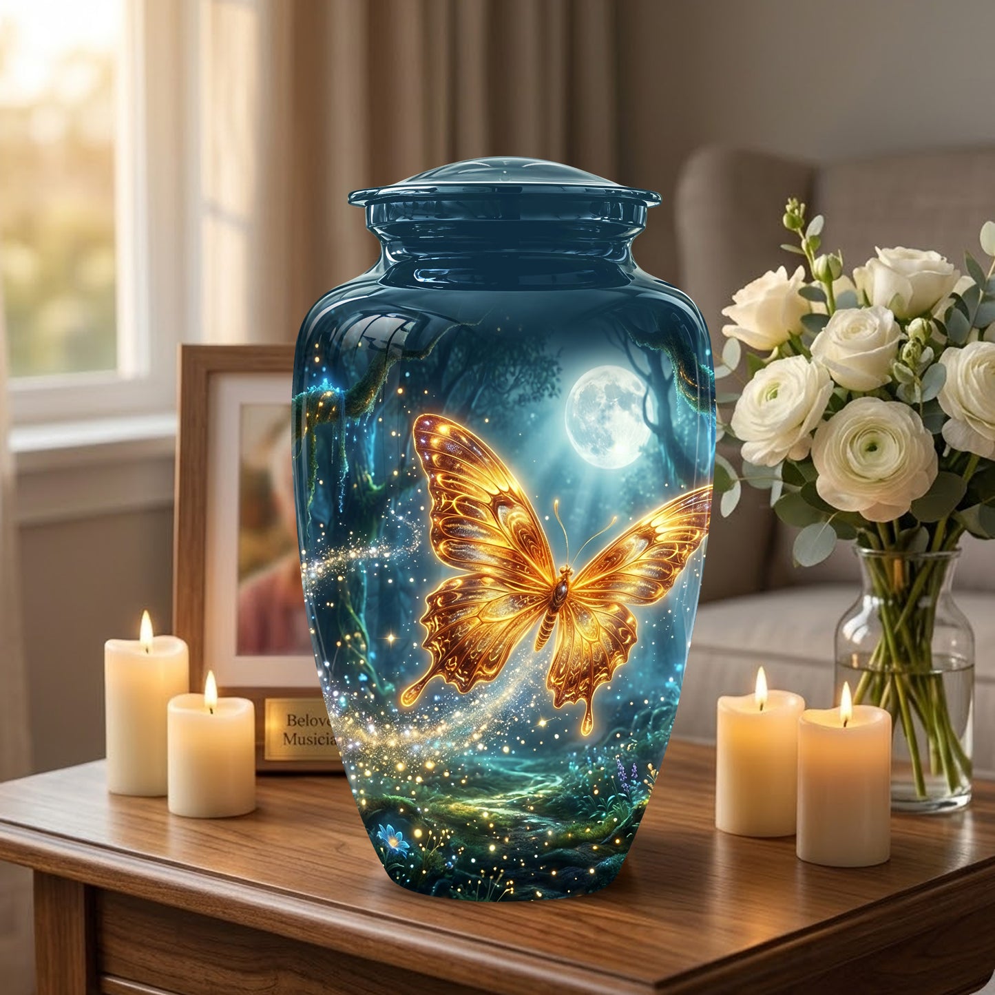 Glowing Yellow Butterfly Themed Urn - Moonlight Memorial Urns For Ashes