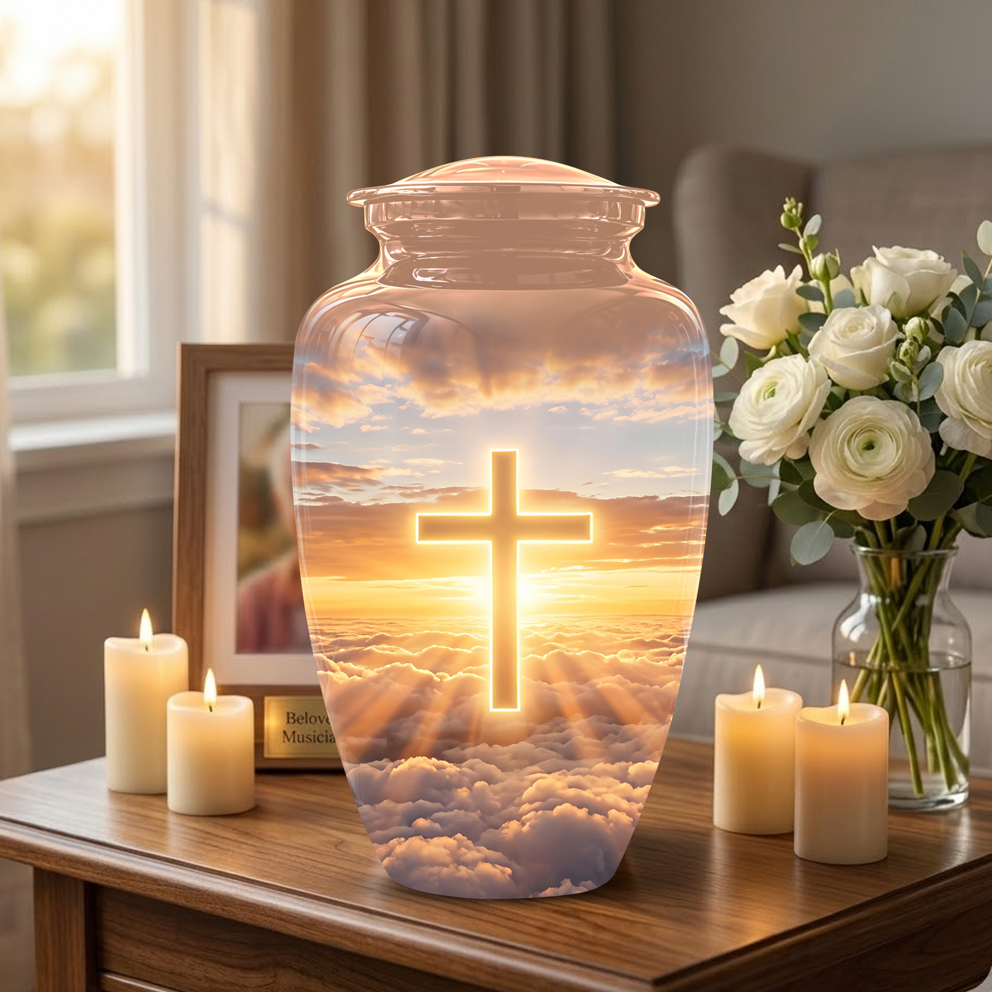 Christian Cross in Sky Cremation Urn - Beautiful Artistic Burial Urns For Ashes