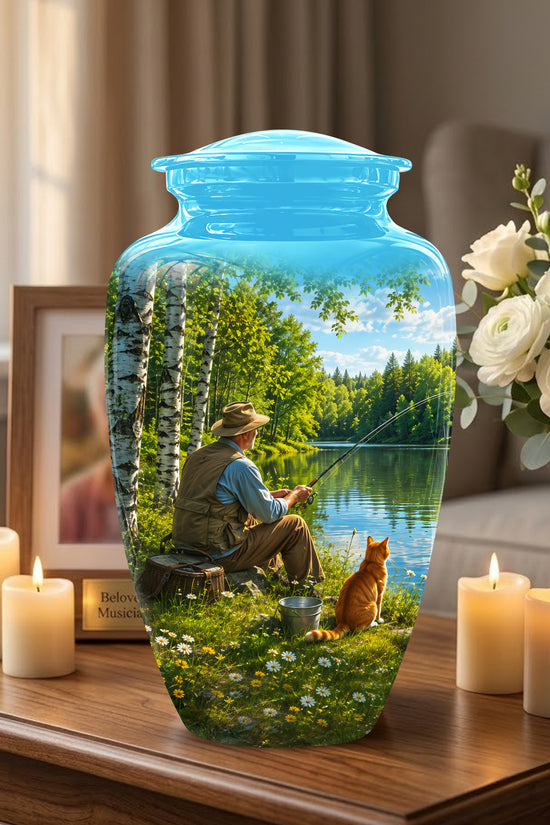 Fisherman With Cat - Artistic Fishing Memorial Urns For Men & Women