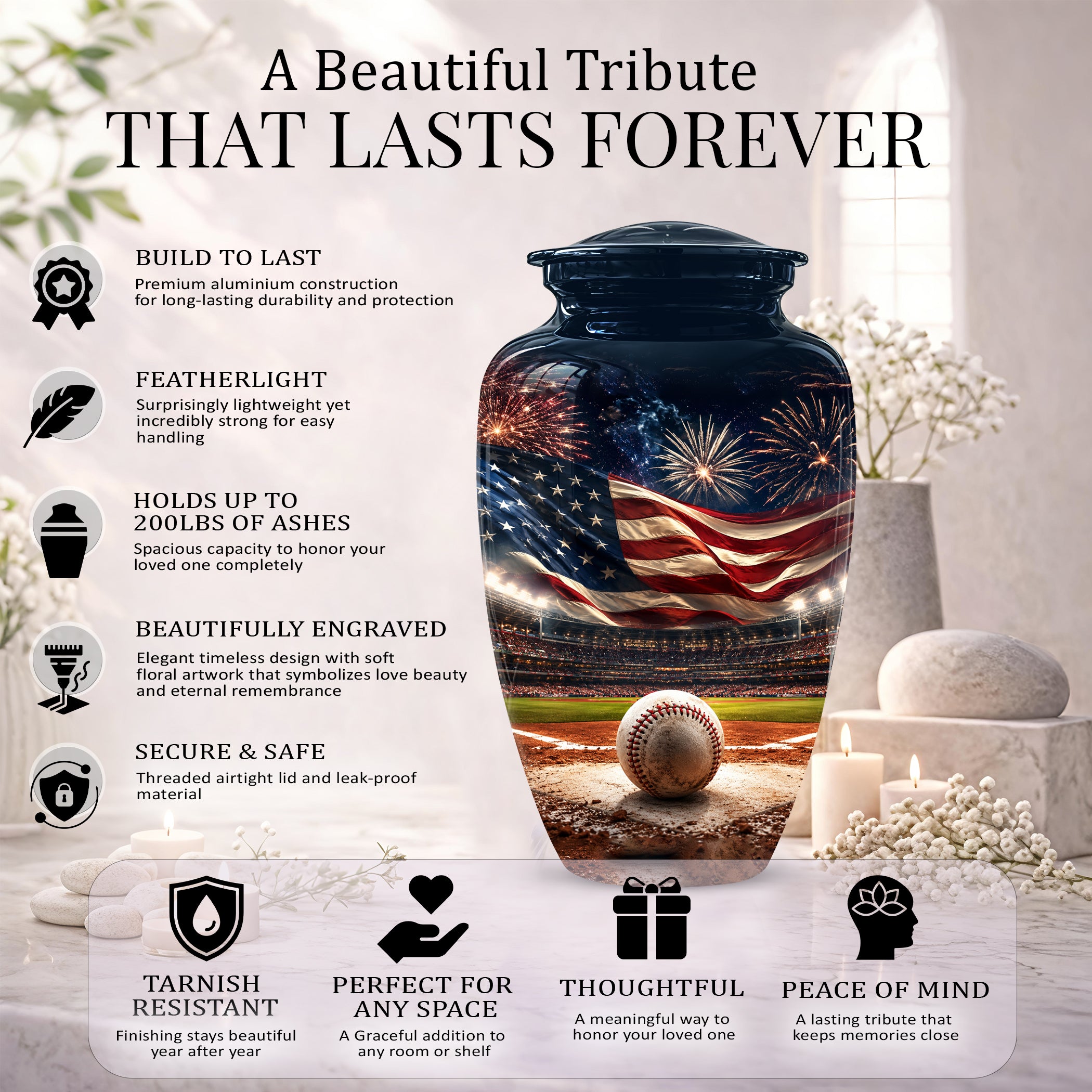 Patriotic Baseball Cremation Urn - Personalized Memorial Urns For Athletes