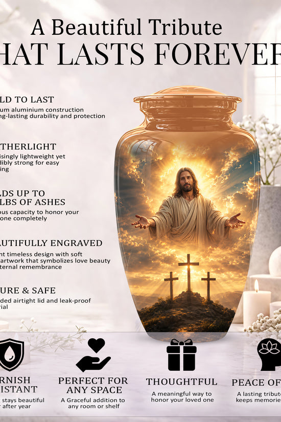 Christian Cross Themed Urn - Sunset Jesus Urns For Spiritual Human Ashes