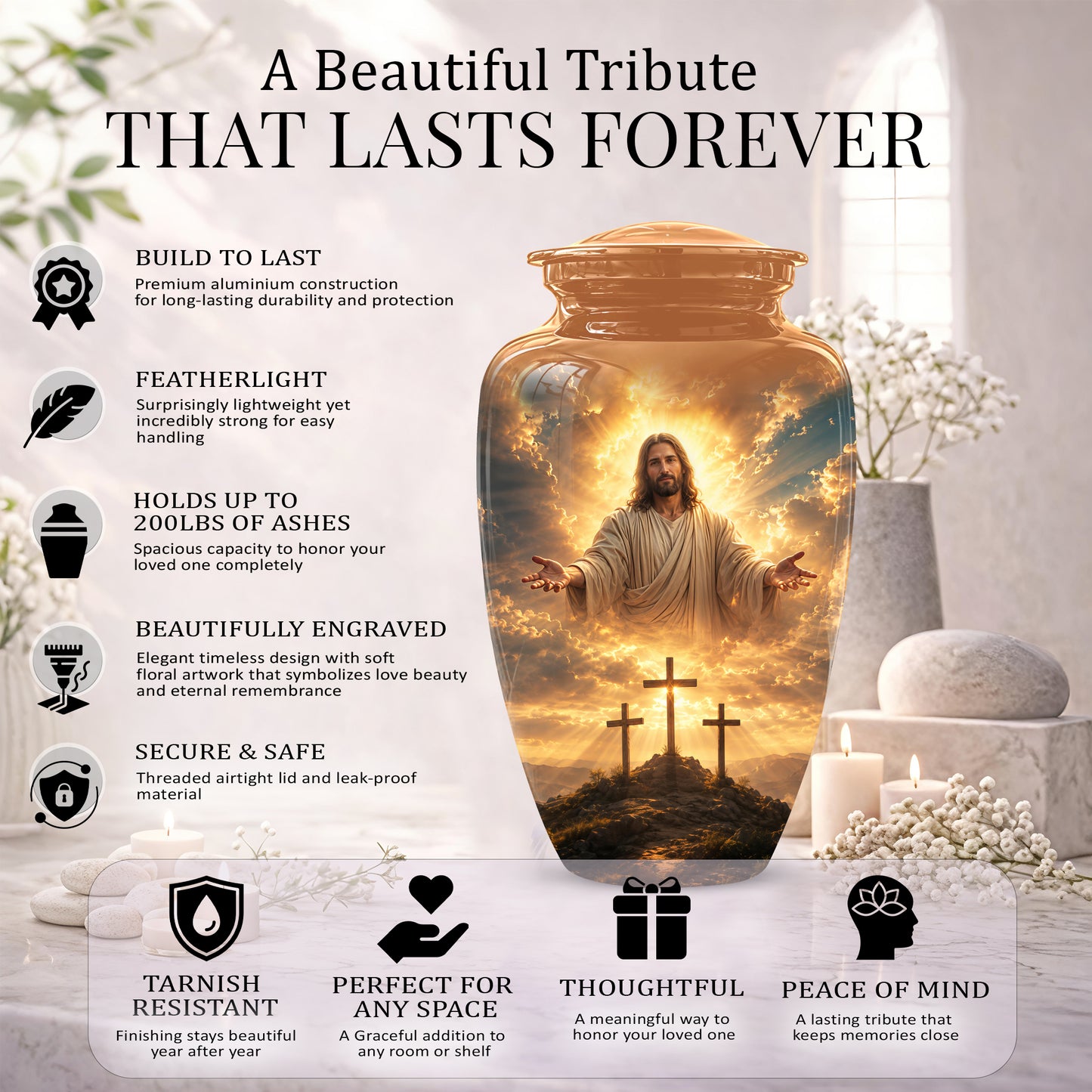 Christian Cross Themed Urn - Sunset Jesus Urns For Spiritual Human Ashes