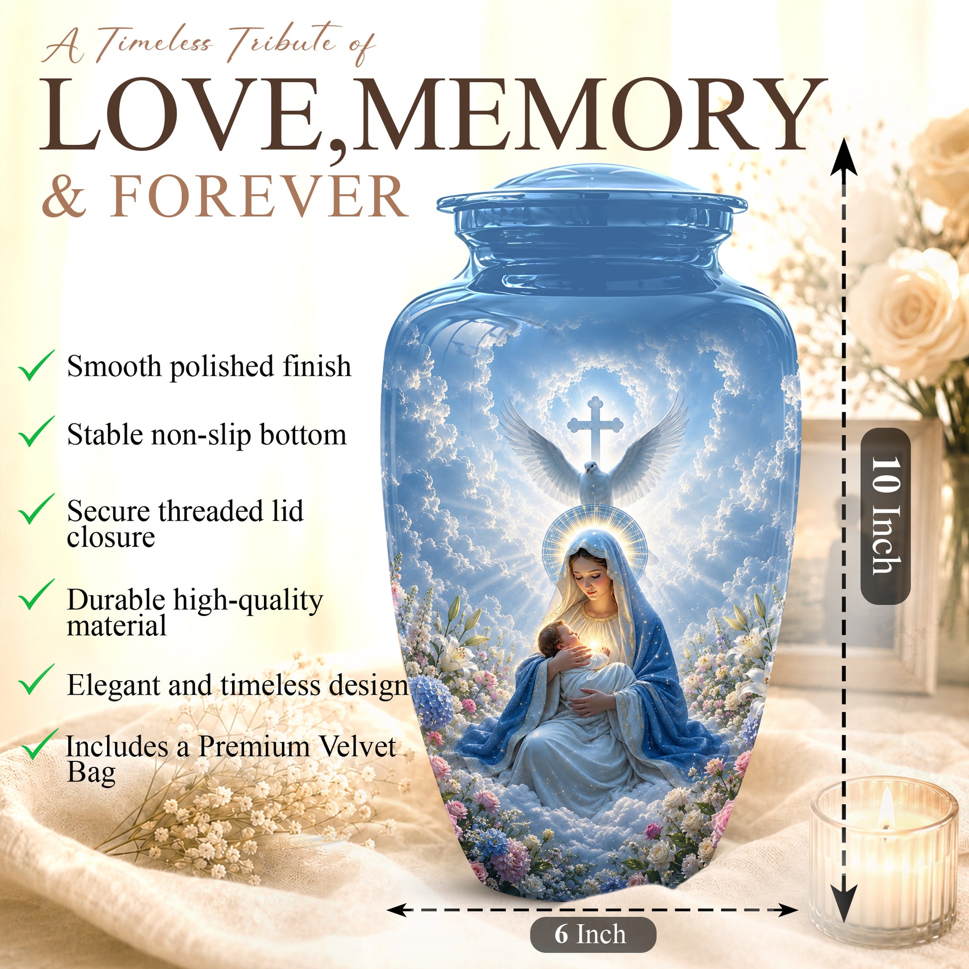 Angel Mom With Baby Jesus Urn - White Dove Funeral Urns For Mom Ashes