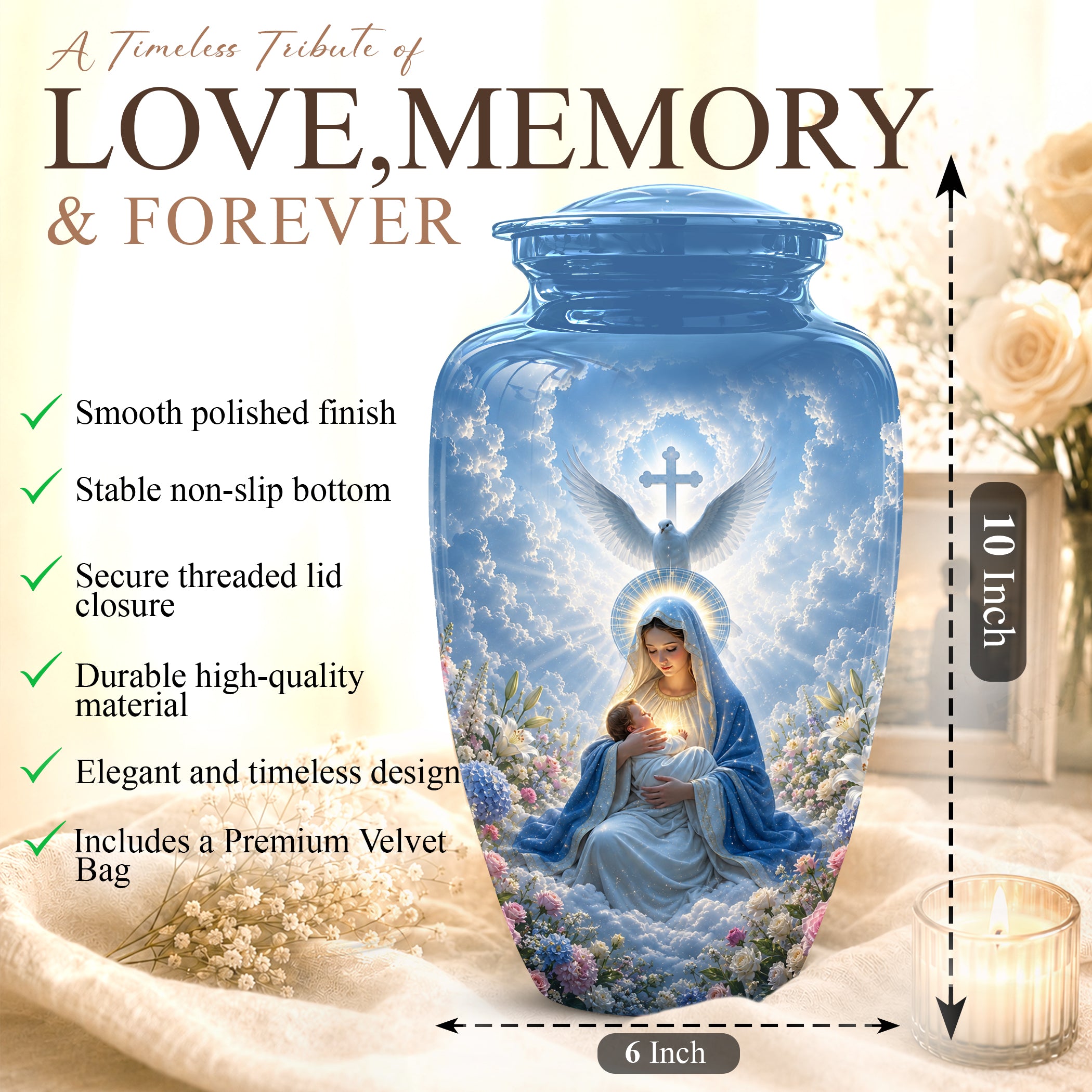 Angel Mom With Baby Jesus Urn - White Dove Funeral Urns For Mom Ashes
